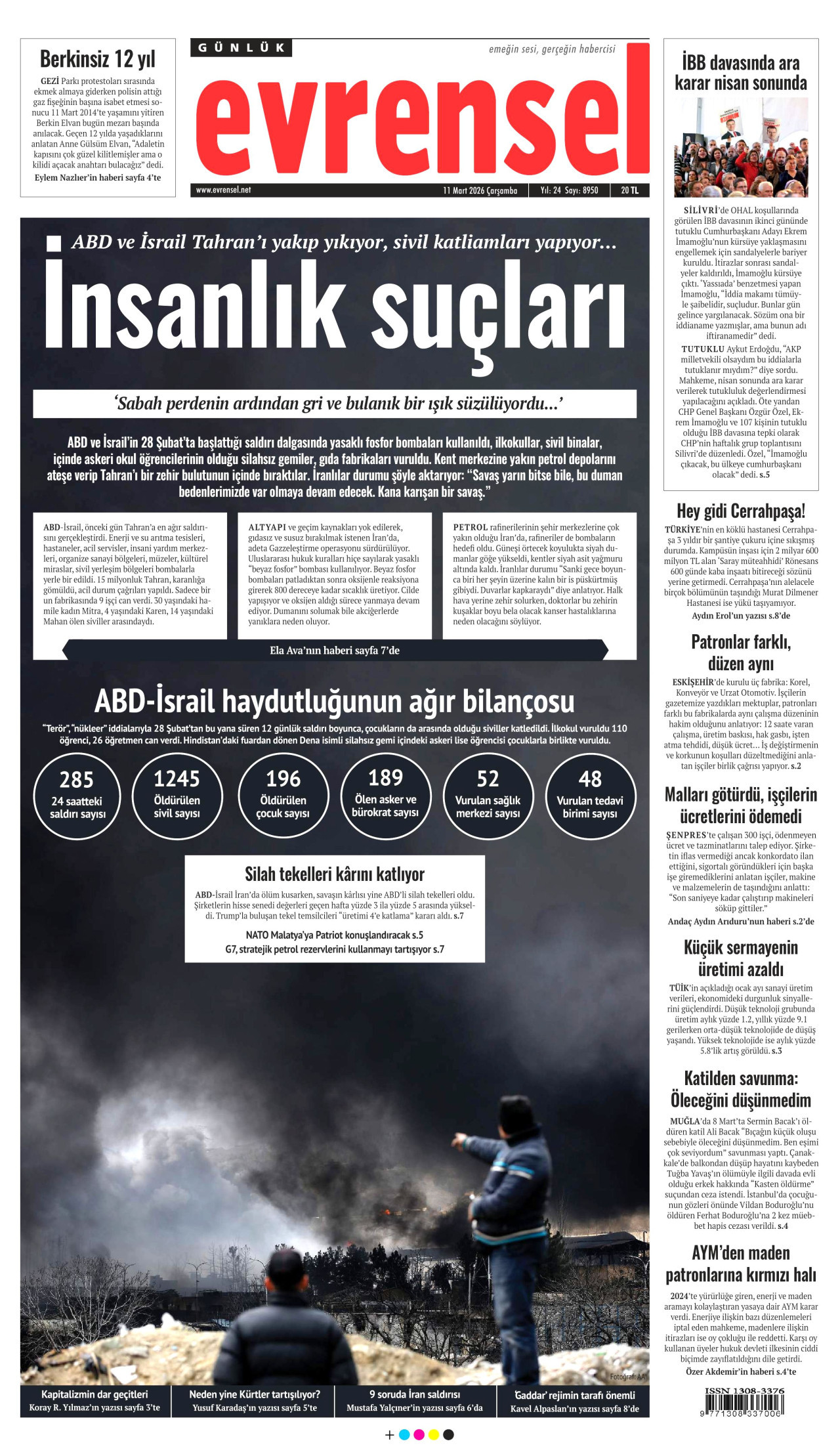 EVRENSEL gazetesinin 11 Mart 2026 tarihli birinci sayfası