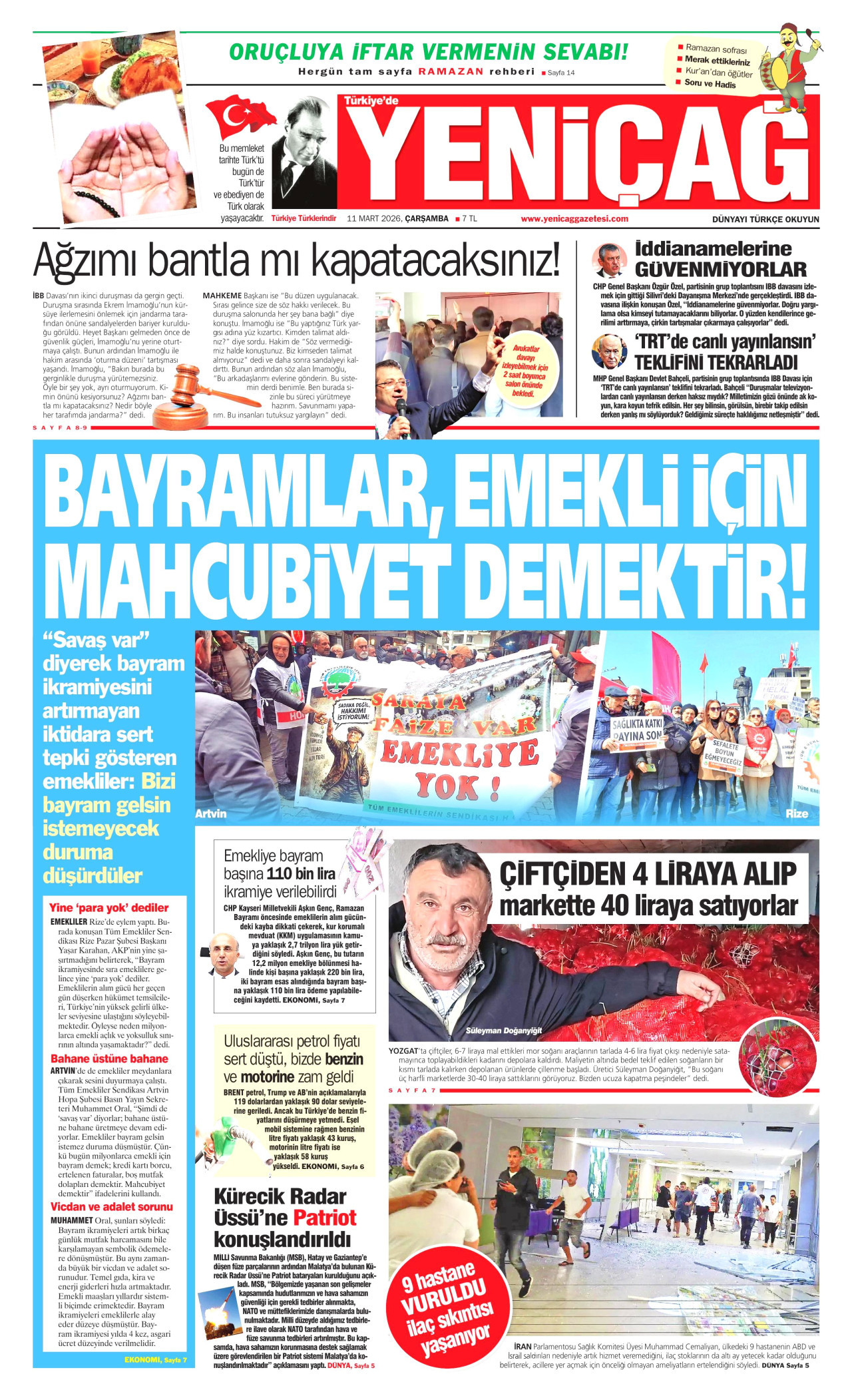 YENİÇAĞ gazetesinin 11 Mart 2026 tarihli birinci sayfası