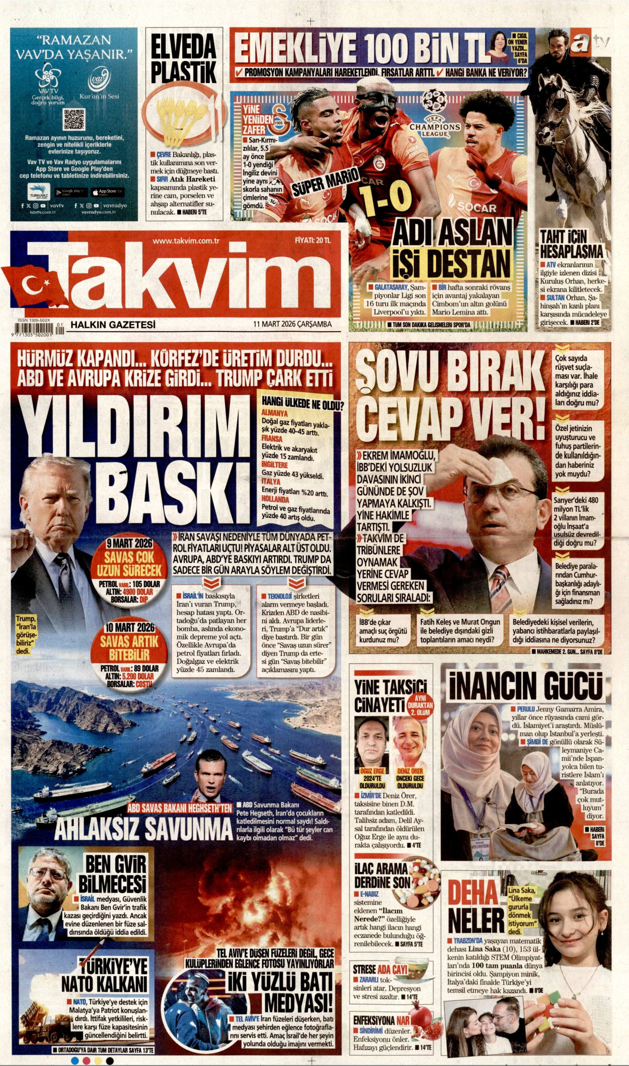 TAKVİM gazetesinin 11 Mart 2026 tarihli birinci sayfası