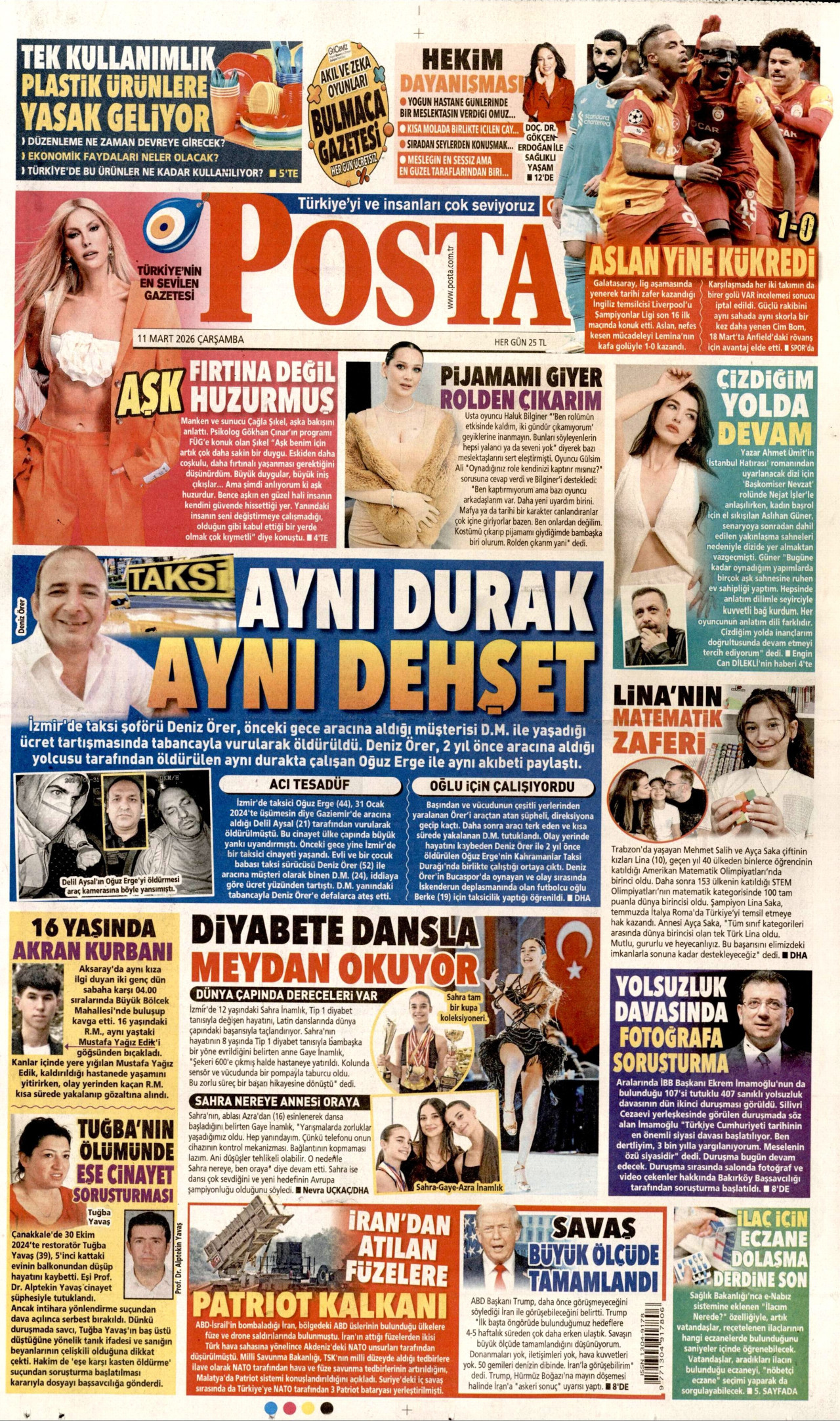 POSTA gazetesinin 11 Mart 2026 tarihli birinci sayfası