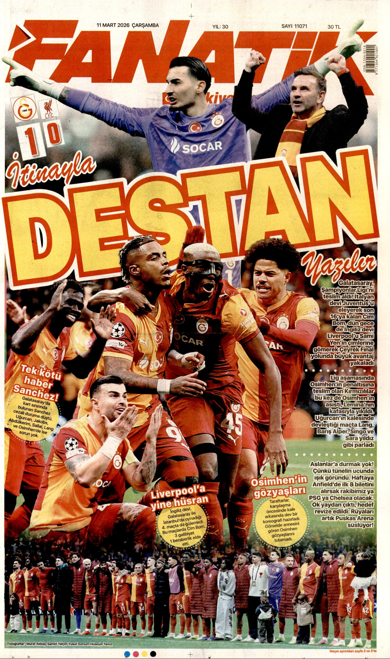 FANATİK gazetesinin 11 Mart 2026 tarihli birinci sayfası