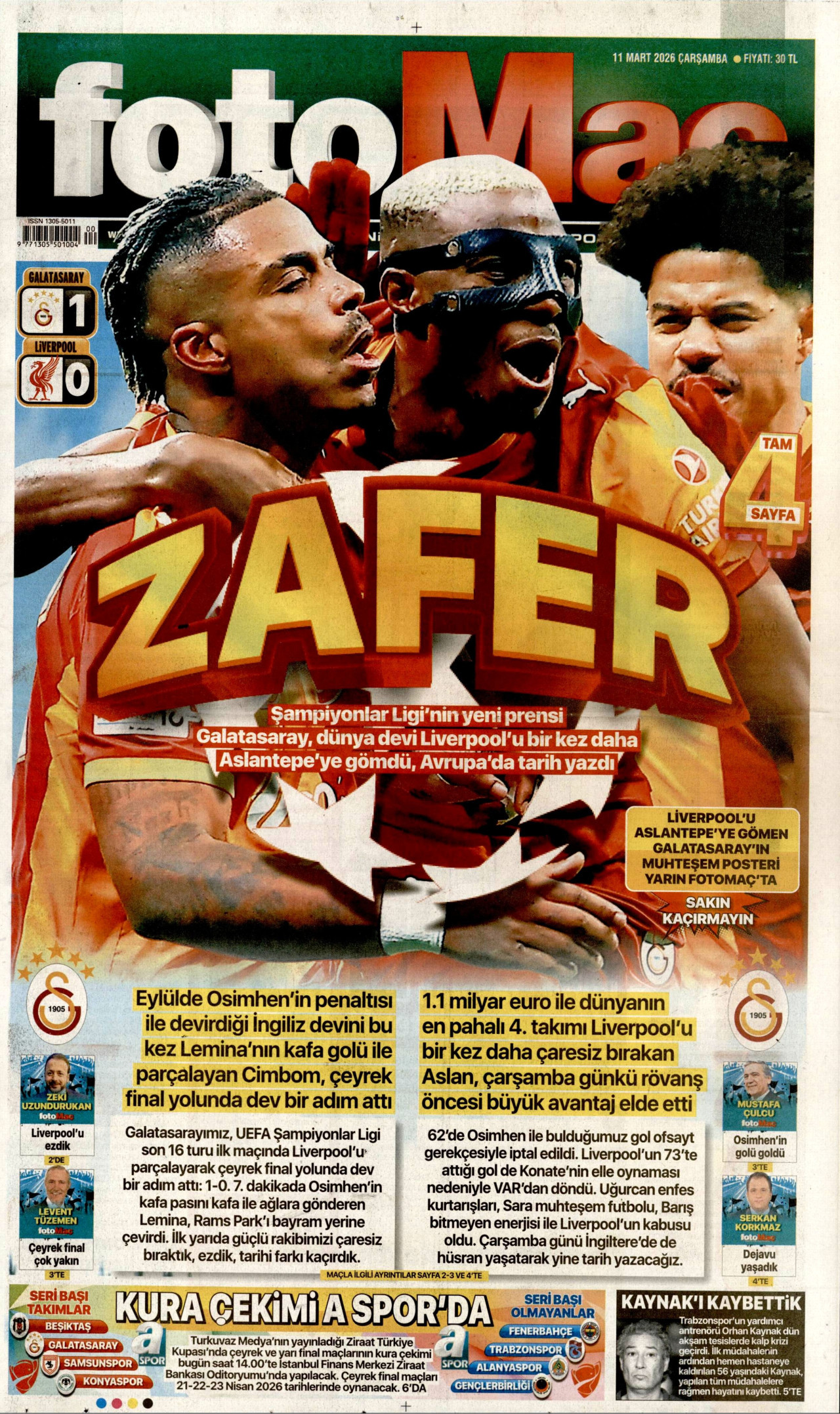 FOTOMAÇ gazetesinin 11 Mart 2026 tarihli birinci sayfası