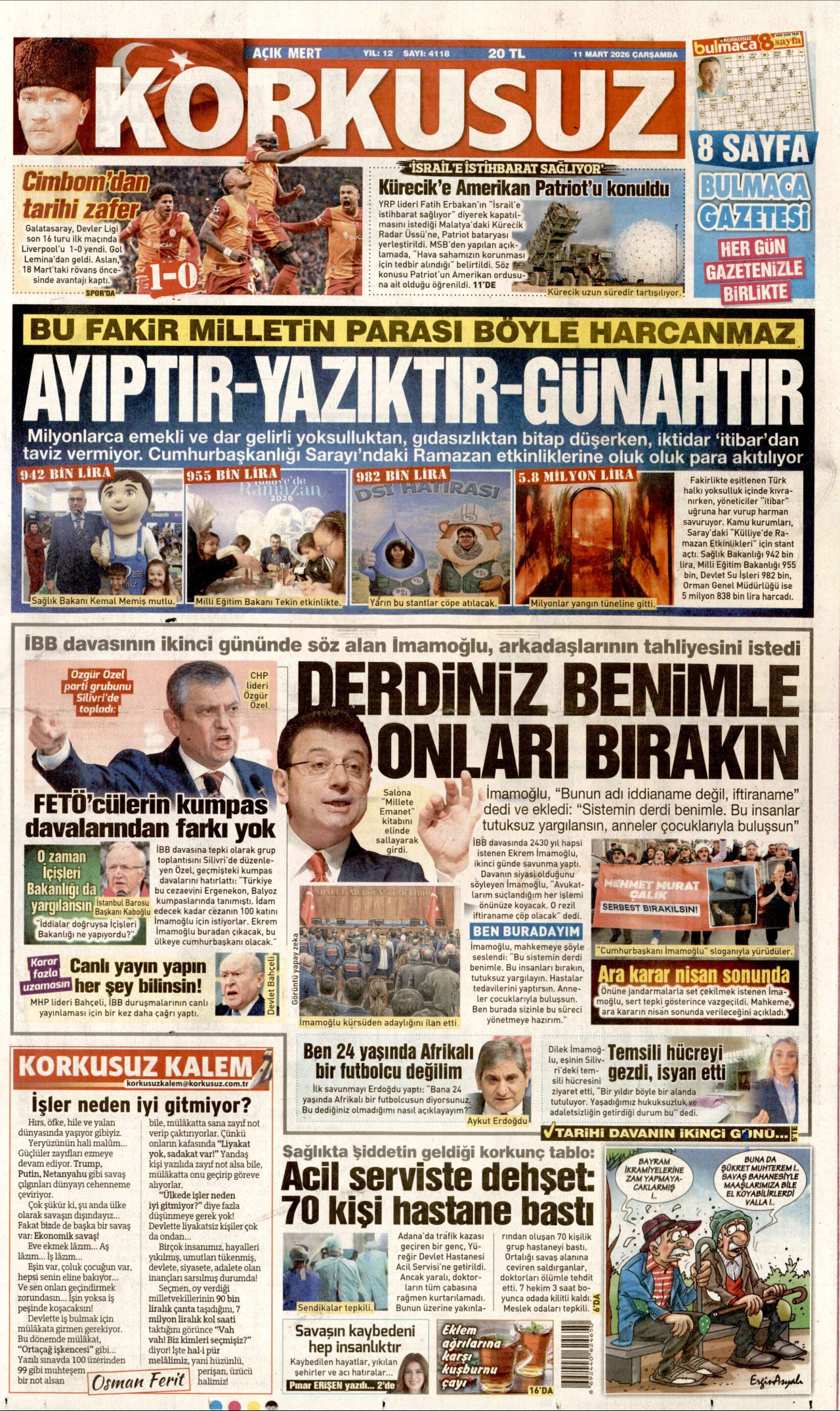 KORKUSUZ gazetesinin 11 Mart 2026 tarihli birinci sayfası