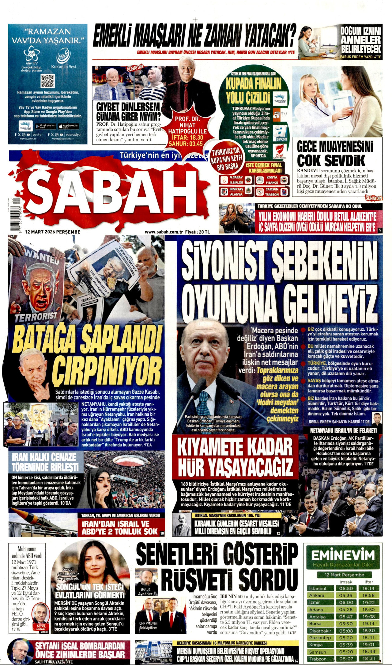 SABAH gazetesinin 12 Mart 2026 tarihli birinci sayfası