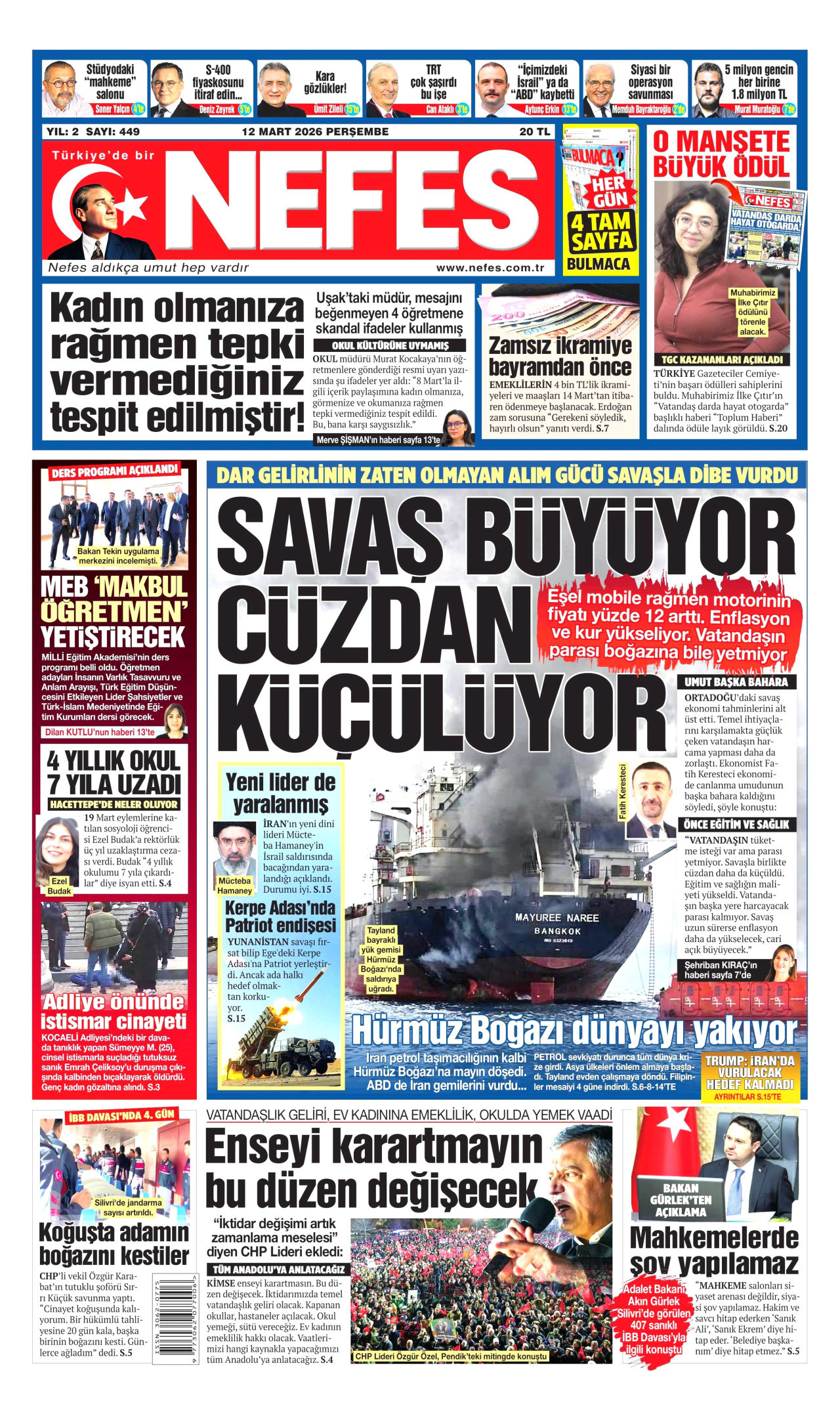 NEFES gazetesinin 12 Mart 2026 tarihli birinci sayfası