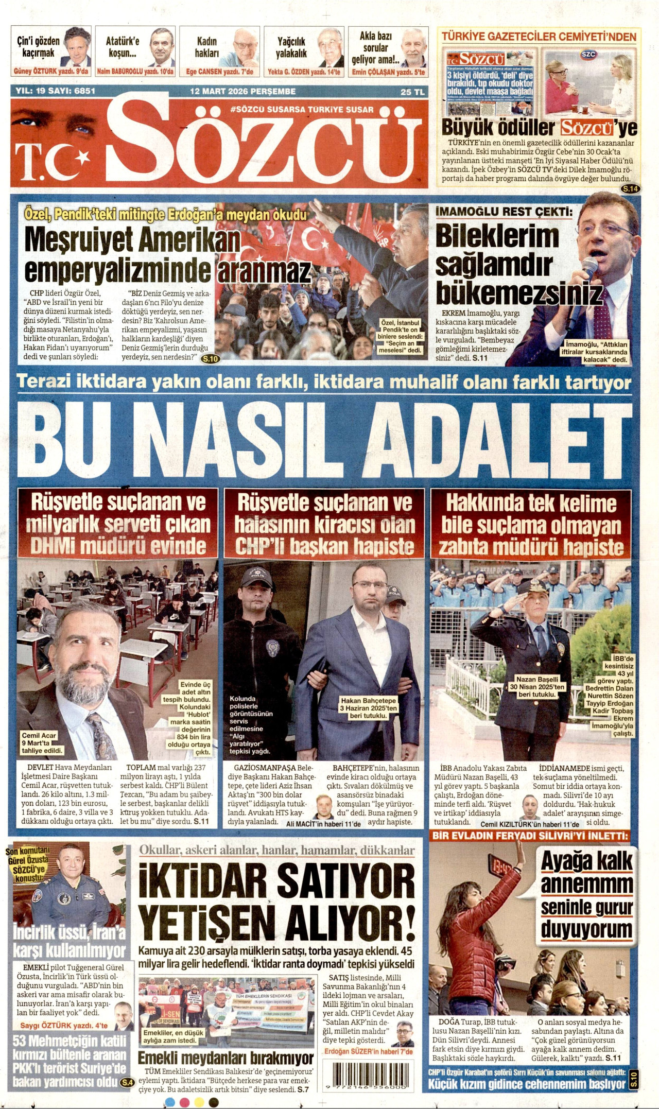 SÖZCÜ gazetesinin 12 Mart 2026 tarihli birinci sayfası