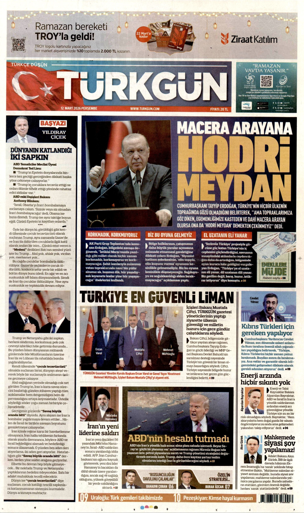 TÜRKGÜN gazetesinin 12 Mart 2026 tarihli birinci sayfası