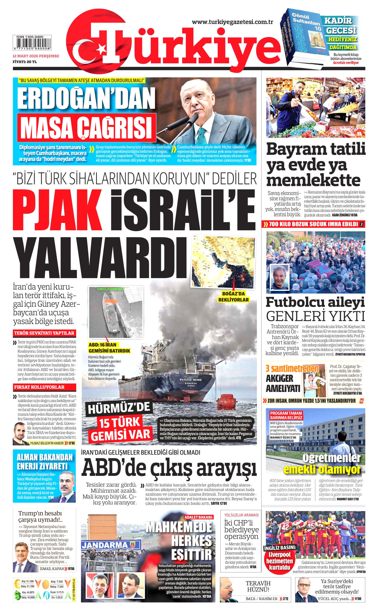 TÜRKİYE GAZETESİ gazetesinin 12 Mart 2026 tarihli birinci sayfası