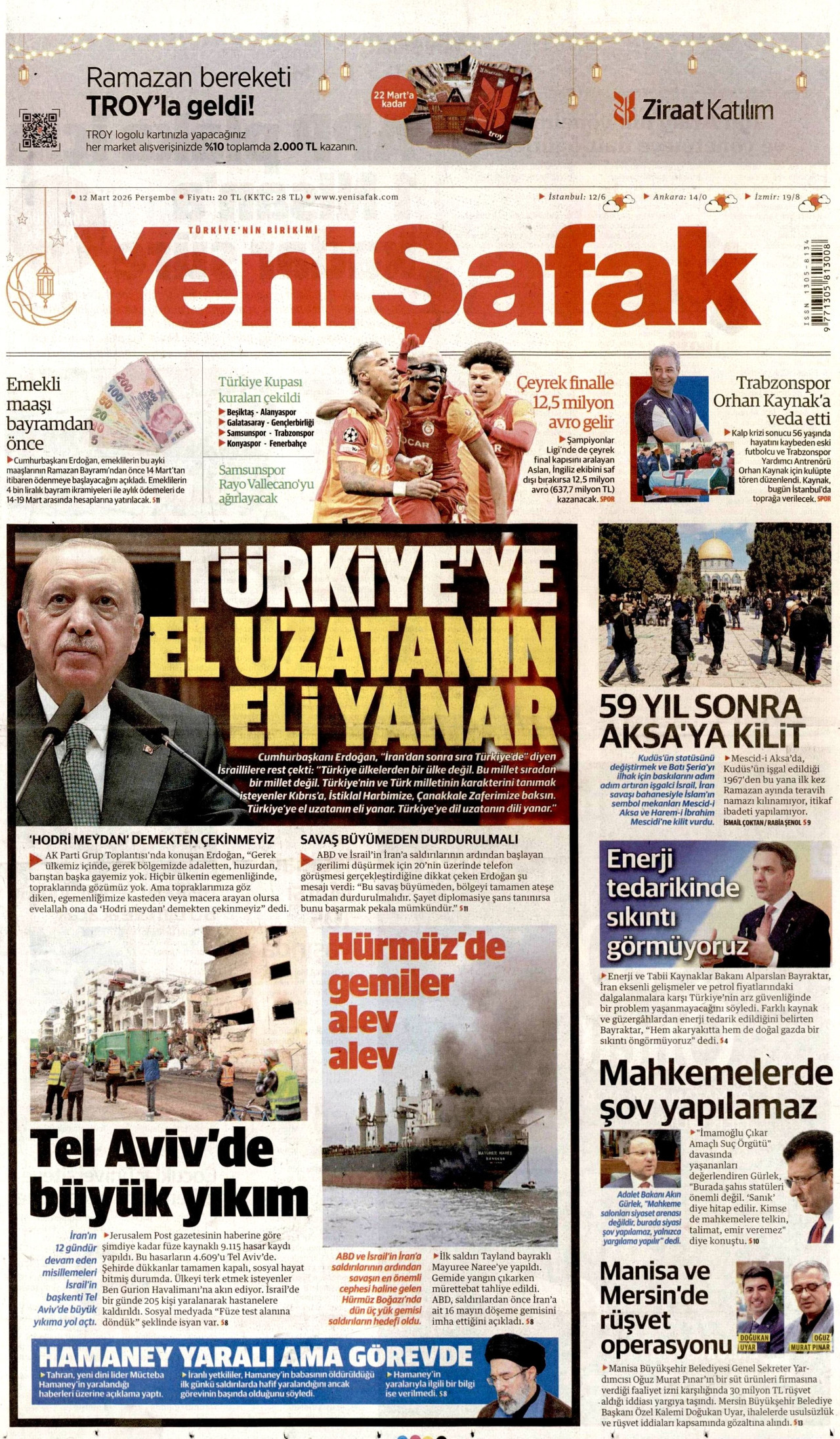YENİ ŞAFAK gazetesinin 12 Mart 2026 tarihli birinci sayfası