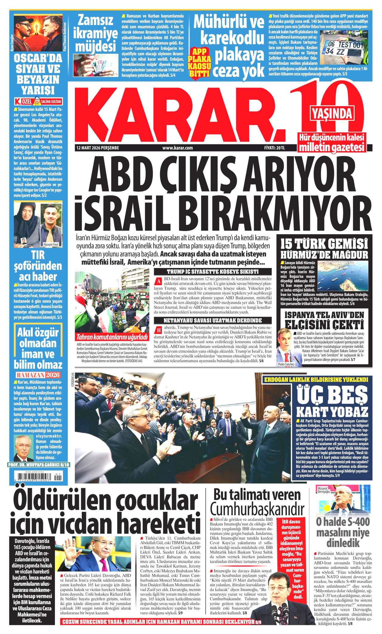 KARAR gazetesinin 12 Mart 2026 tarihli birinci sayfası
