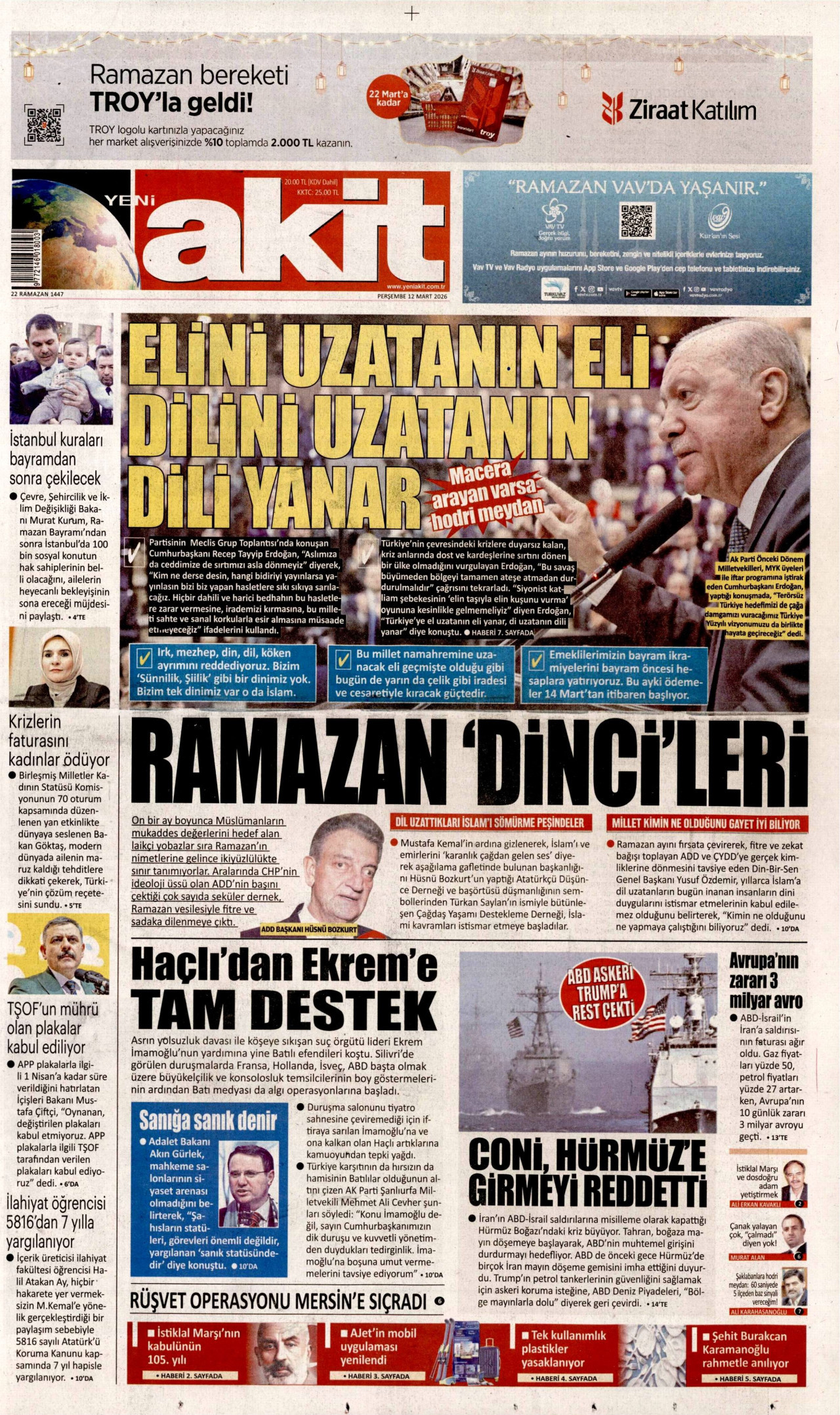 YENİ AKİT gazetesinin 12 Mart 2026 tarihli birinci sayfası