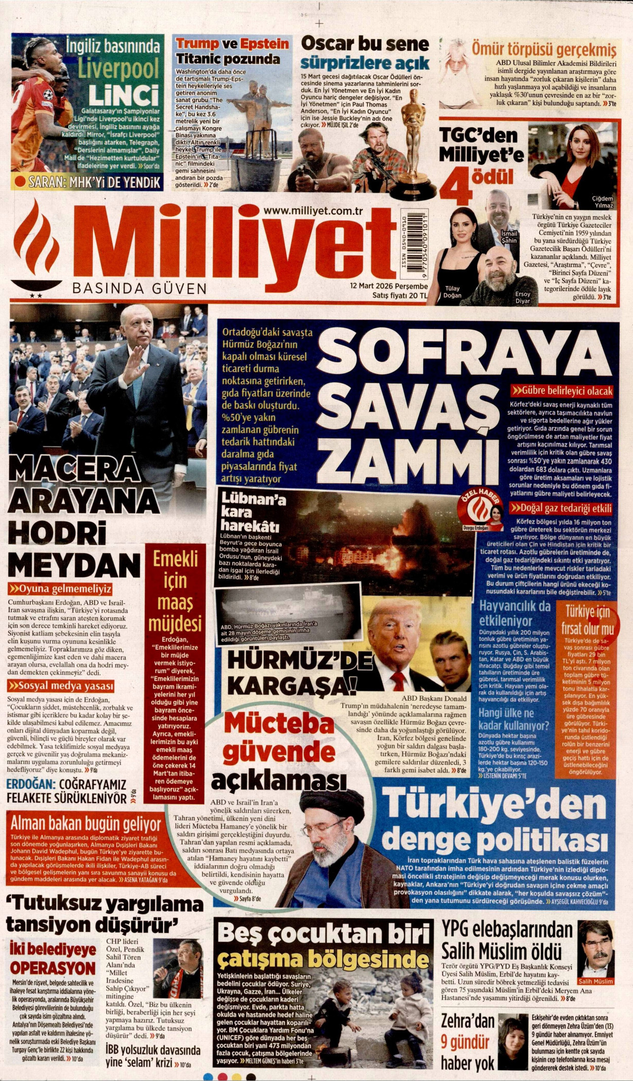 MİLLİYET gazetesinin 12 Mart 2026 tarihli birinci sayfası