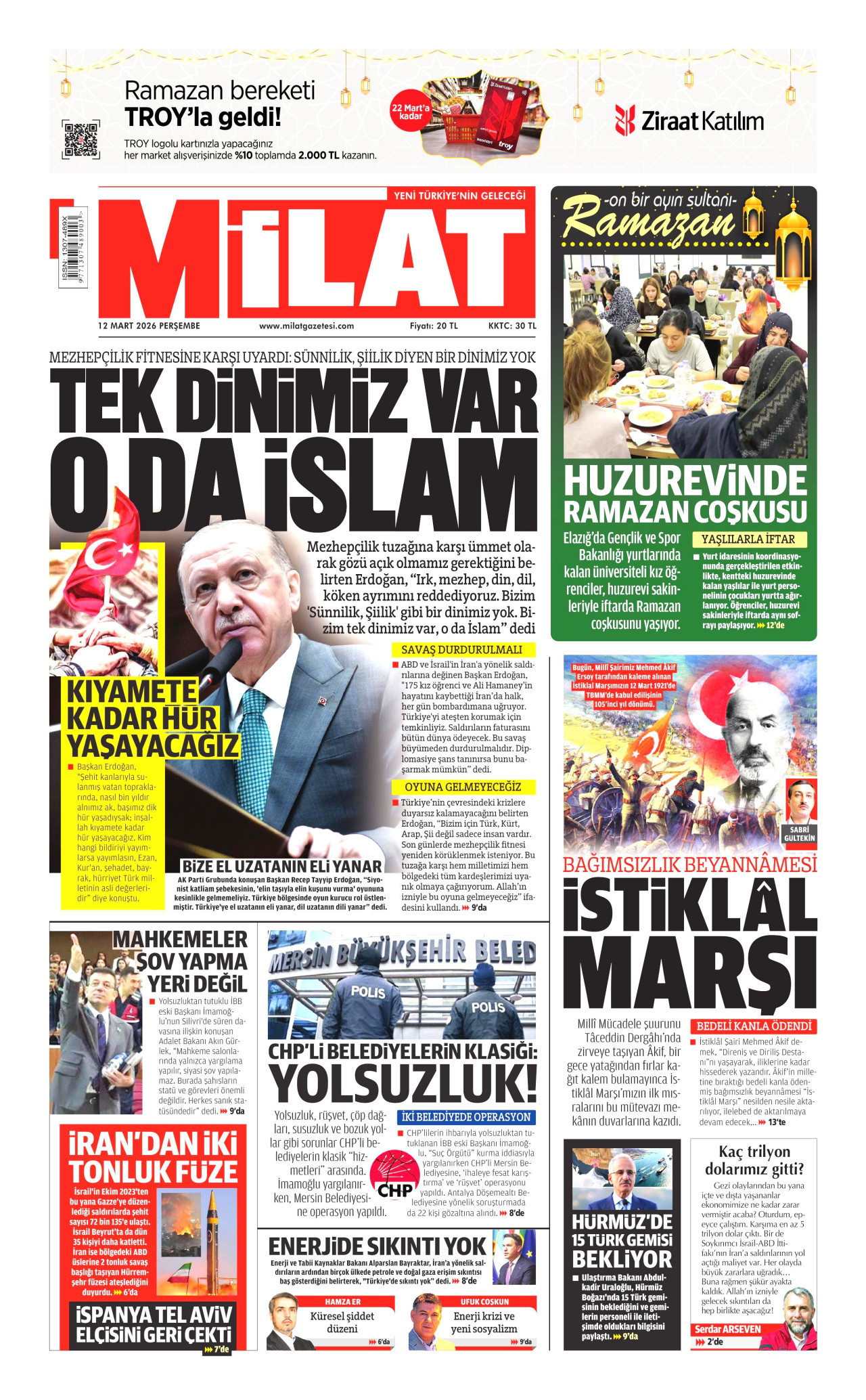 MİLLİ GAZETE gazetesinin 12 Mart 2026 tarihli birinci sayfası