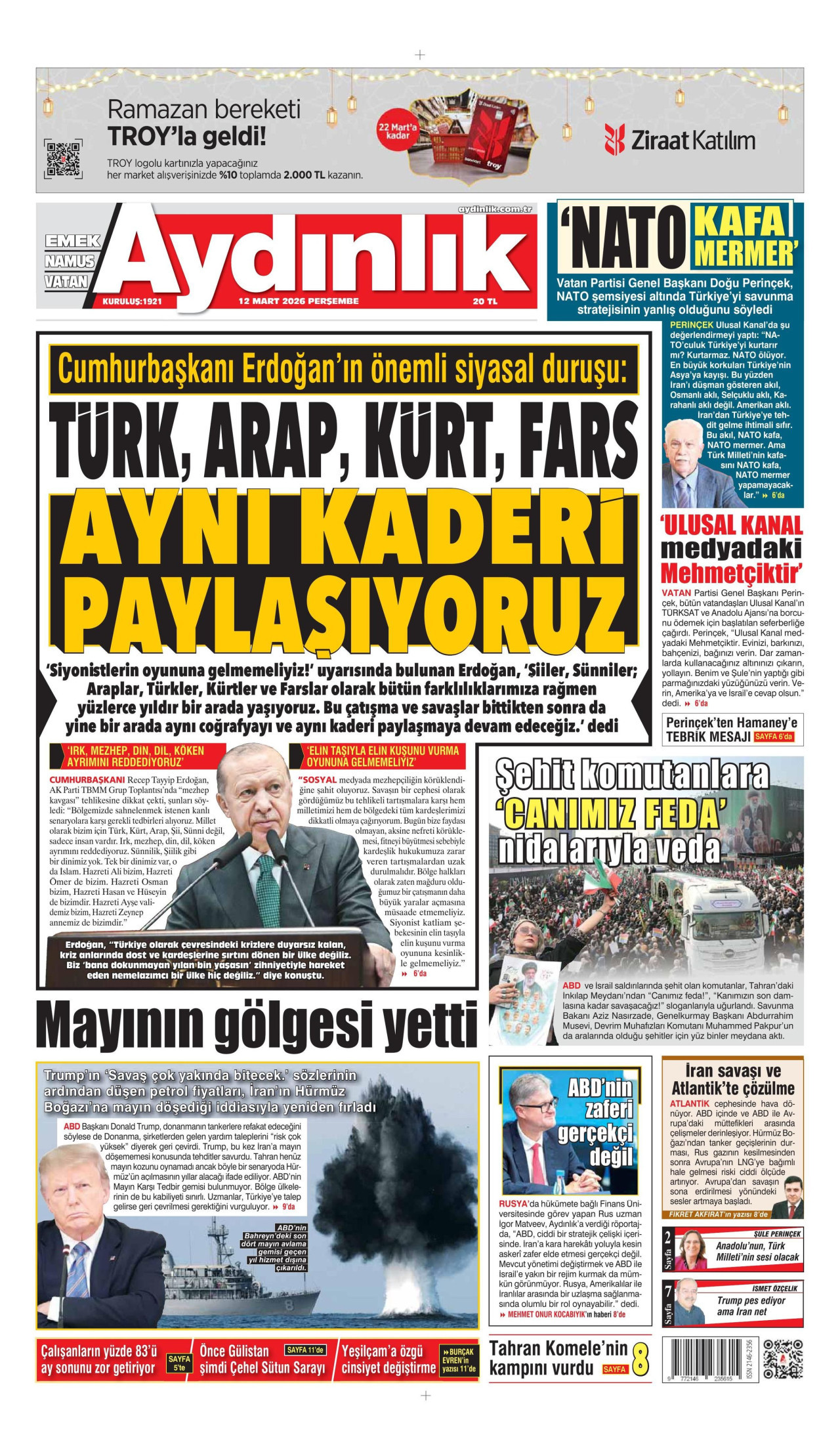 AYDINLIK GAZETESİ gazetesinin 12 Mart 2026 tarihli birinci sayfası