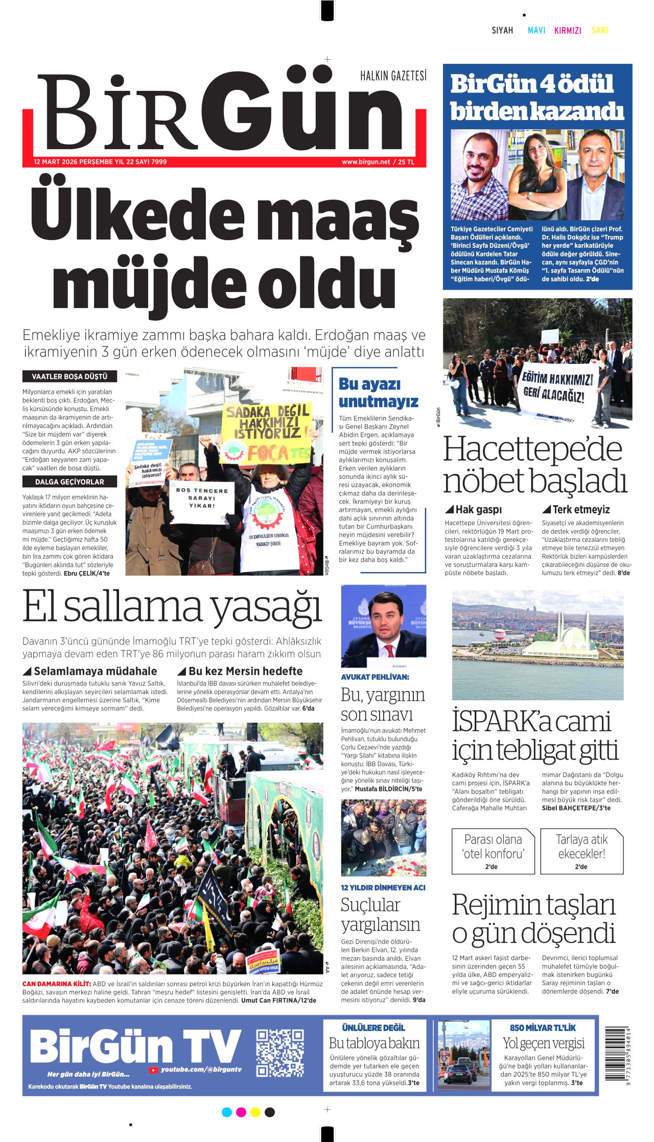 BİRGÜN gazetesinin 12 Mart 2026 tarihli birinci sayfası