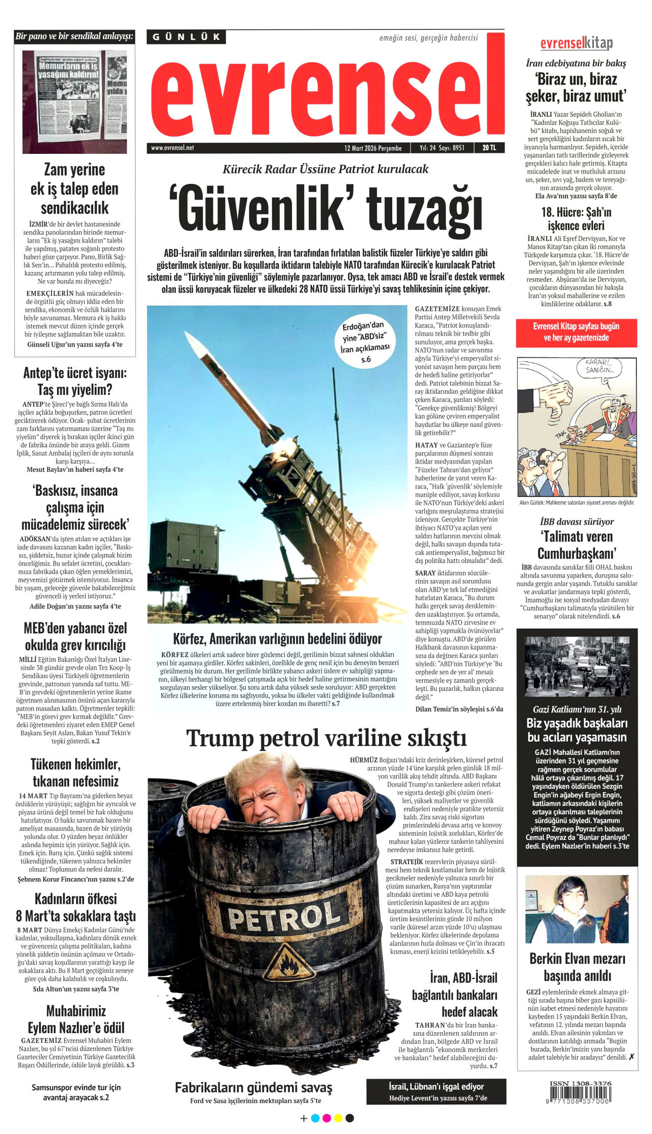 EVRENSEL gazetesinin 12 Mart 2026 tarihli birinci sayfası