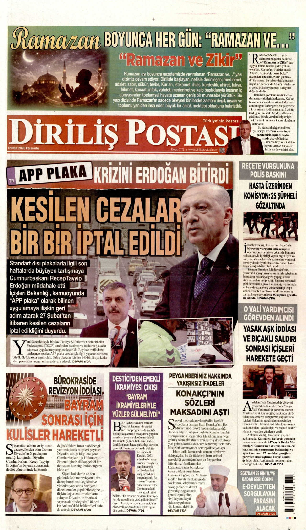 DİRİLİŞ POSTASI gazetesinin 12 Mart 2026 tarihli birinci sayfası
