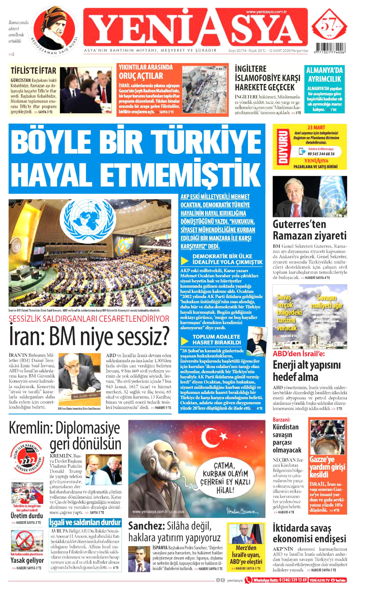YENİ ASYA gazetesinin 12 Mart 2026 tarihli birinci sayfası