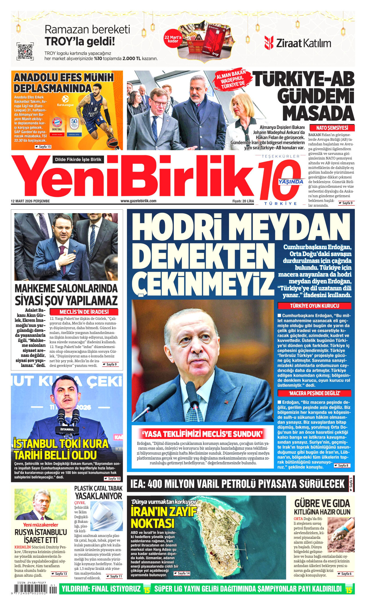 YENİBİRLİK gazetesinin 12 Mart 2026 tarihli birinci sayfası