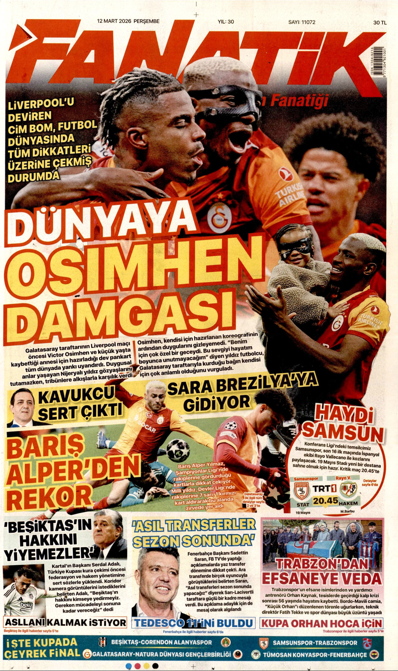 FANATİK gazetesinin 12 Mart 2026 tarihli birinci sayfası