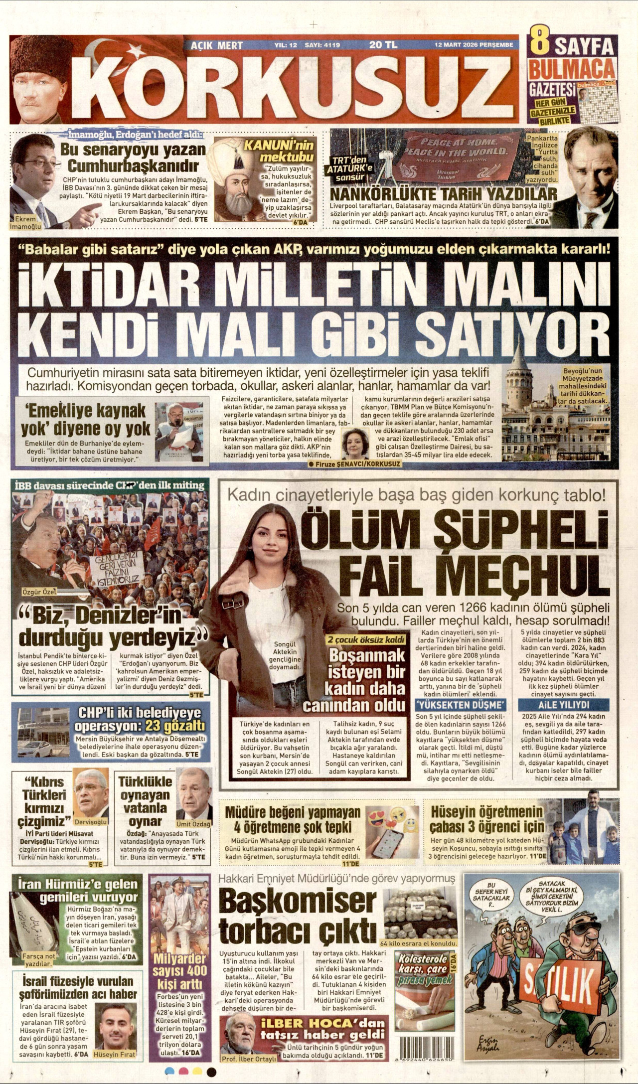 KORKUSUZ gazetesinin 12 Mart 2026 tarihli birinci sayfası