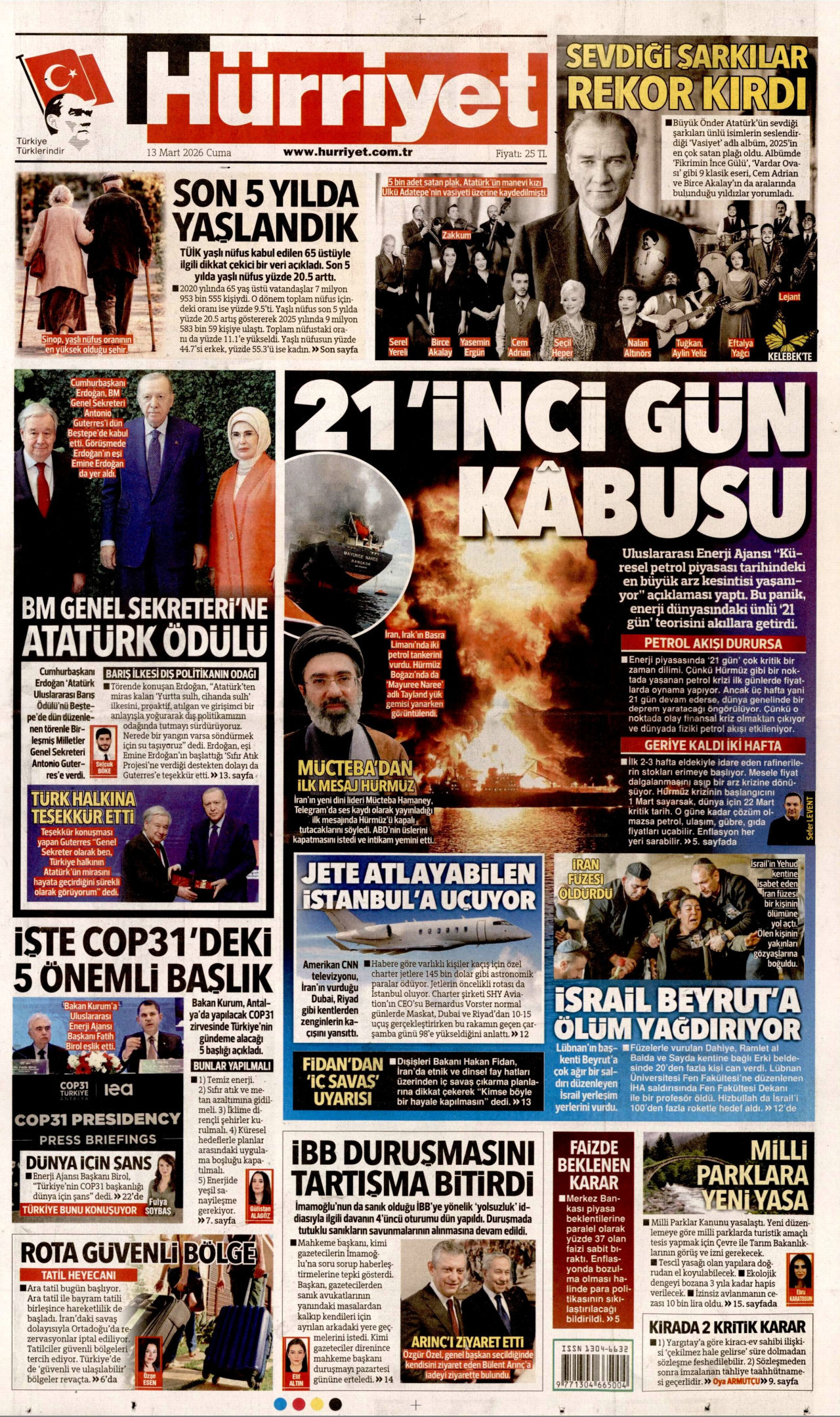 HÜRRİYET gazetesinin 13 Mart 2026 tarihli birinci sayfası