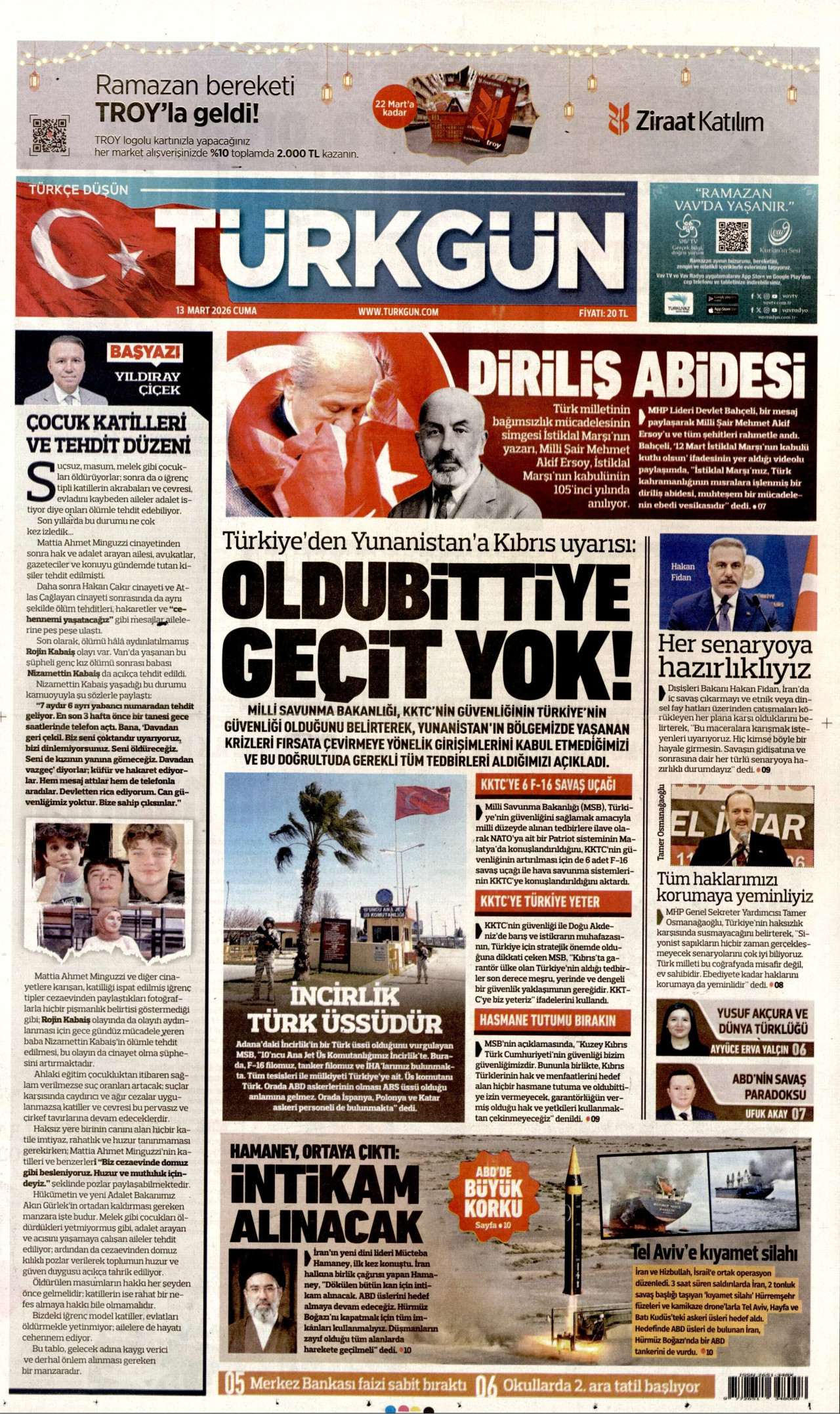 TÜRKGÜN gazetesinin 13 Mart 2026 tarihli birinci sayfası