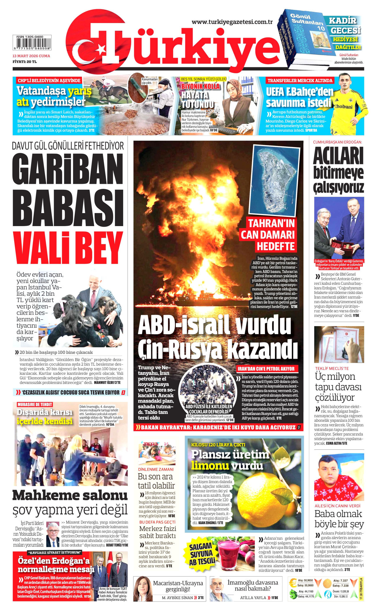 TÜRKİYE GAZETESİ gazetesinin 13 Mart 2026 tarihli birinci sayfası