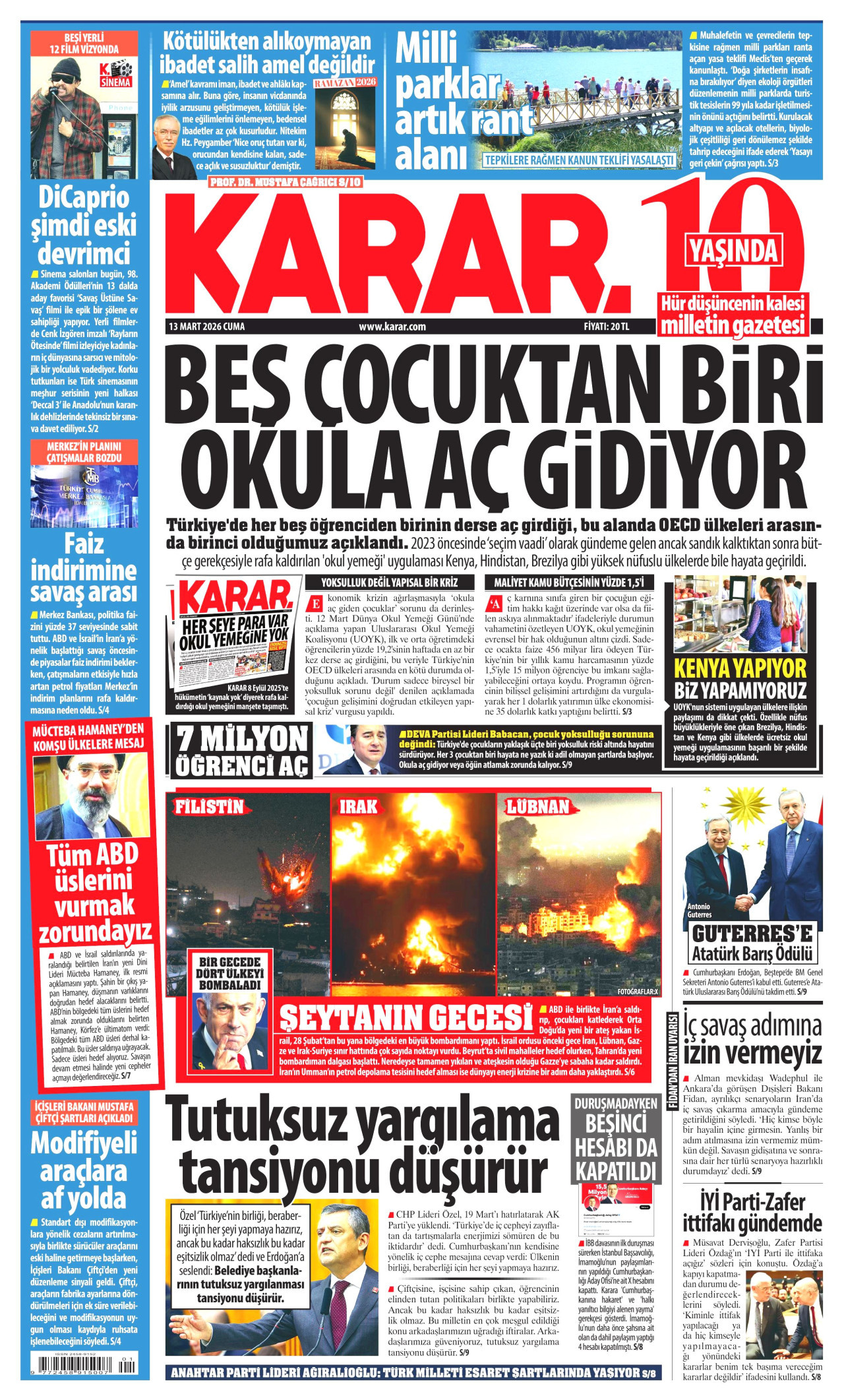 KARAR gazetesinin 13 Mart 2026 tarihli birinci sayfası