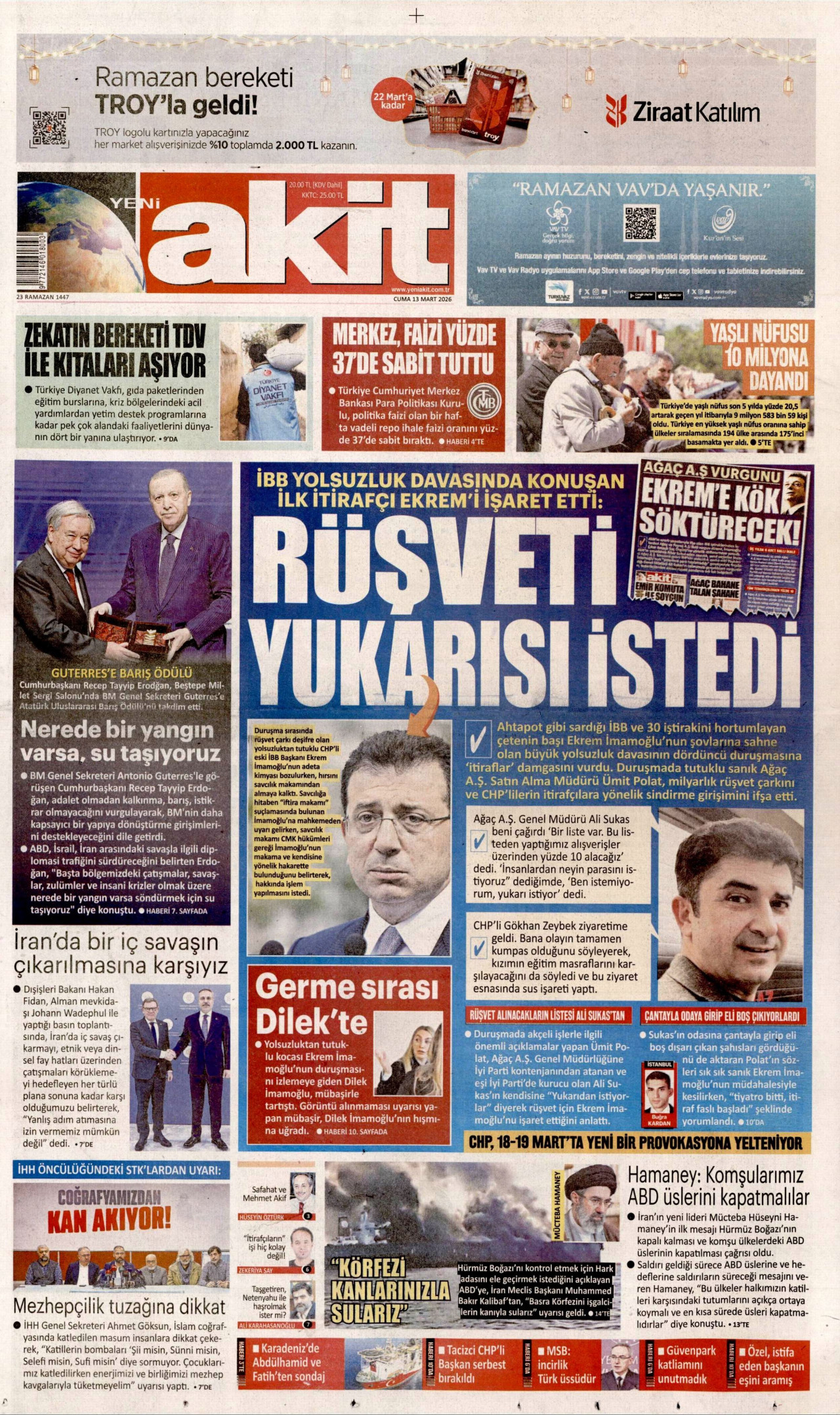 YENİ AKİT gazetesinin 13 Mart 2026 tarihli birinci sayfası