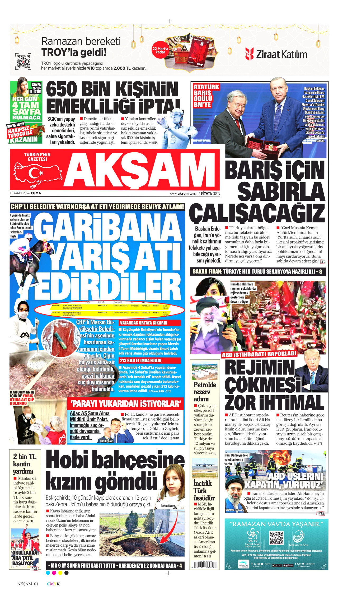 AKŞAM gazetesinin 13 Mart 2026 tarihli birinci sayfası