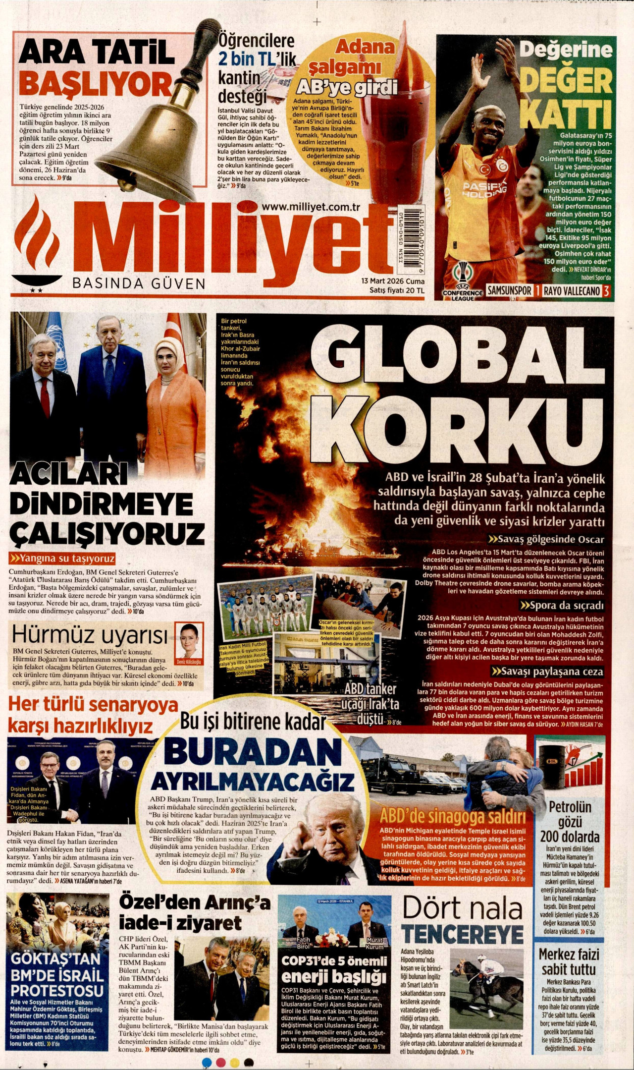 MİLLİYET gazetesinin 13 Mart 2026 tarihli birinci sayfası