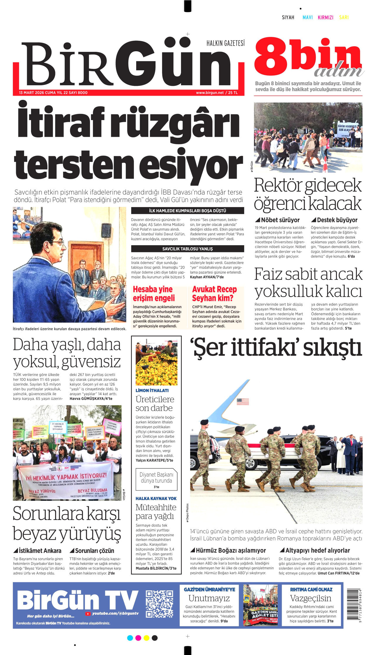 BİRGÜN gazetesinin 13 Mart 2026 tarihli birinci sayfası