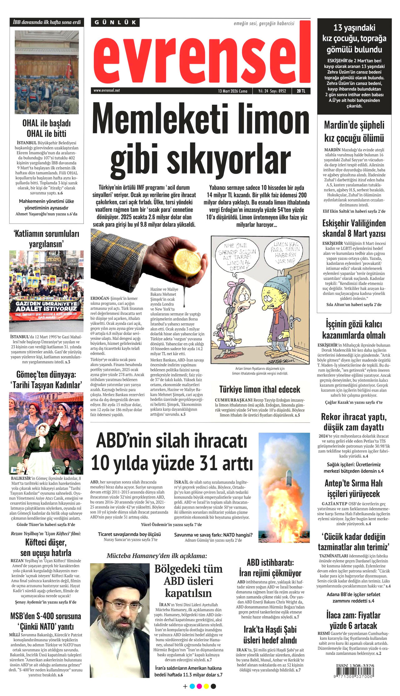 EVRENSEL gazetesinin 13 Mart 2026 tarihli birinci sayfası