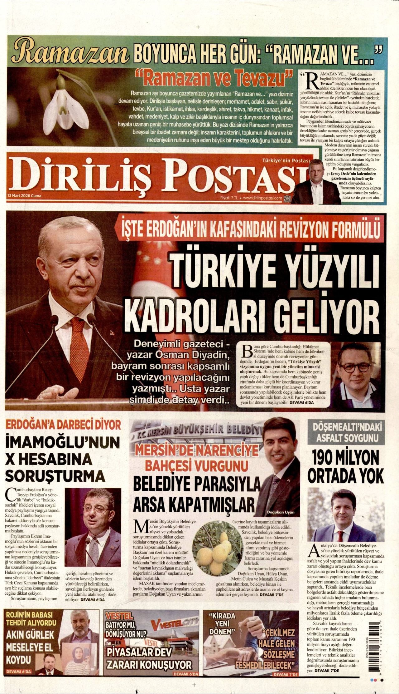 DİRİLİŞ POSTASI gazetesinin 13 Mart 2026 tarihli birinci sayfası