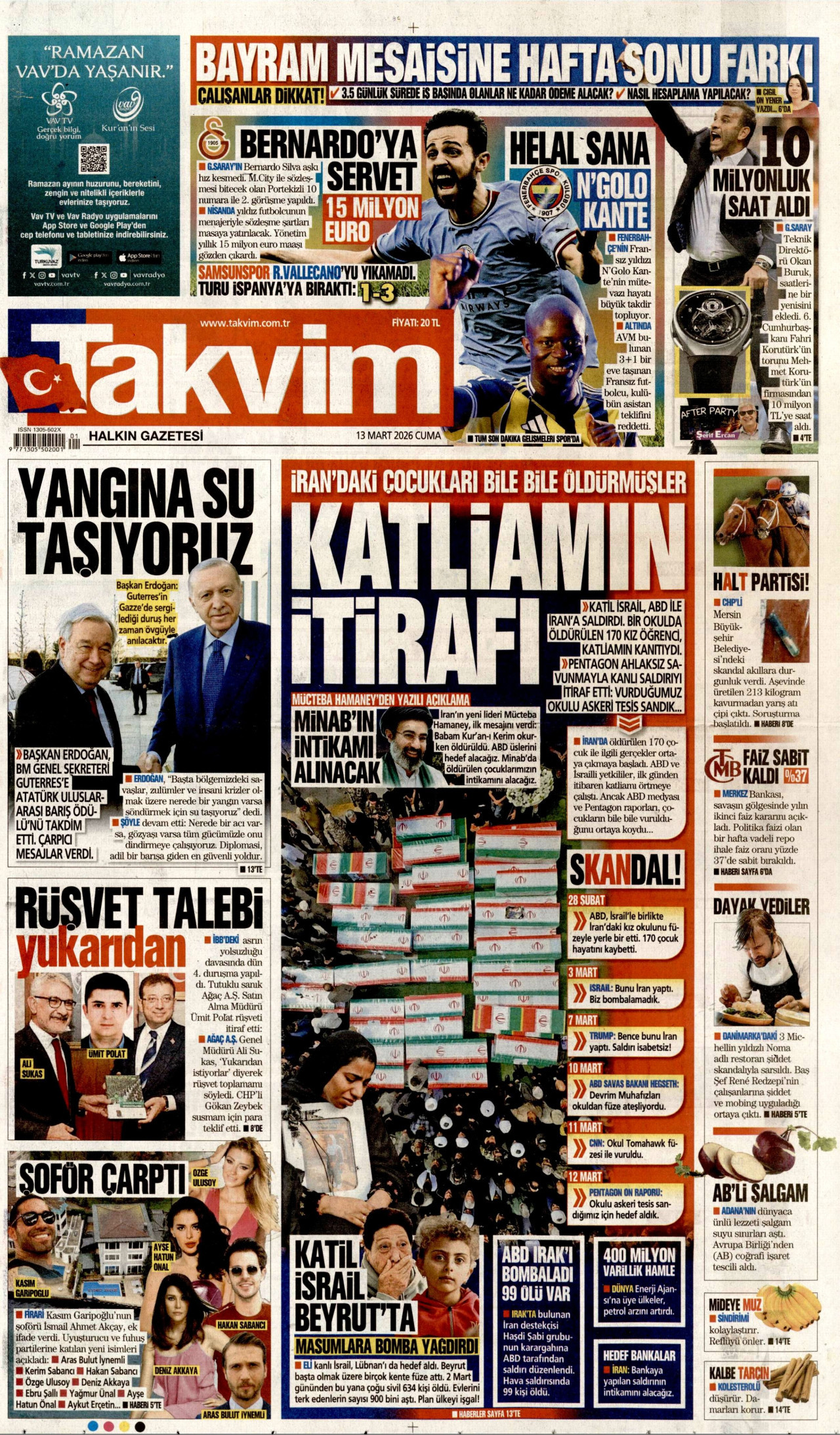 TAKVİM gazetesinin 13 Mart 2026 tarihli birinci sayfası