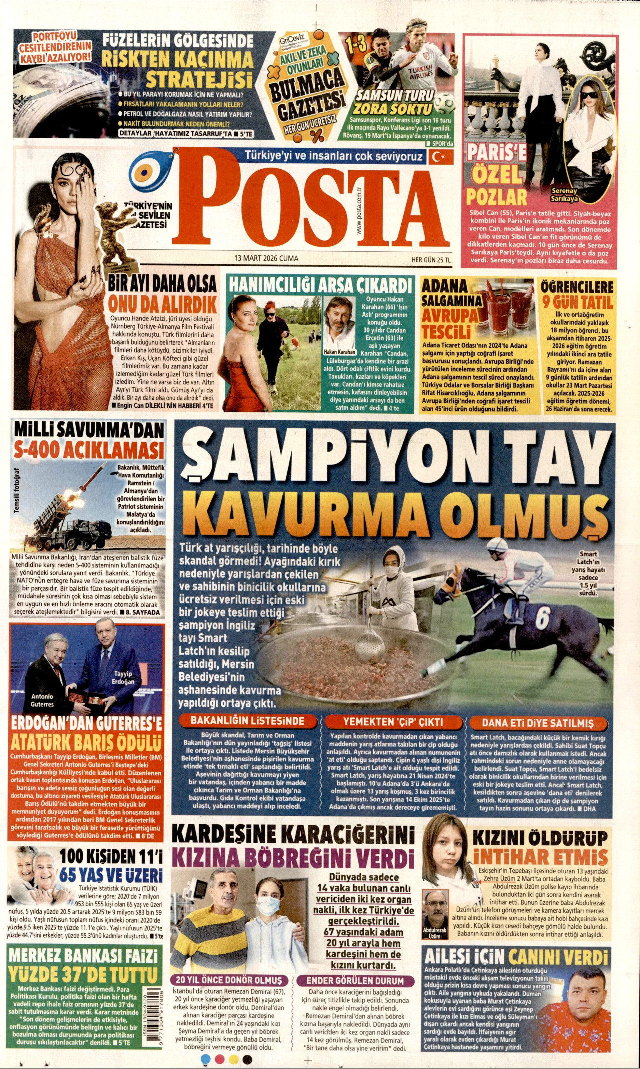 POSTA gazetesinin 13 Mart 2026 tarihli birinci sayfası