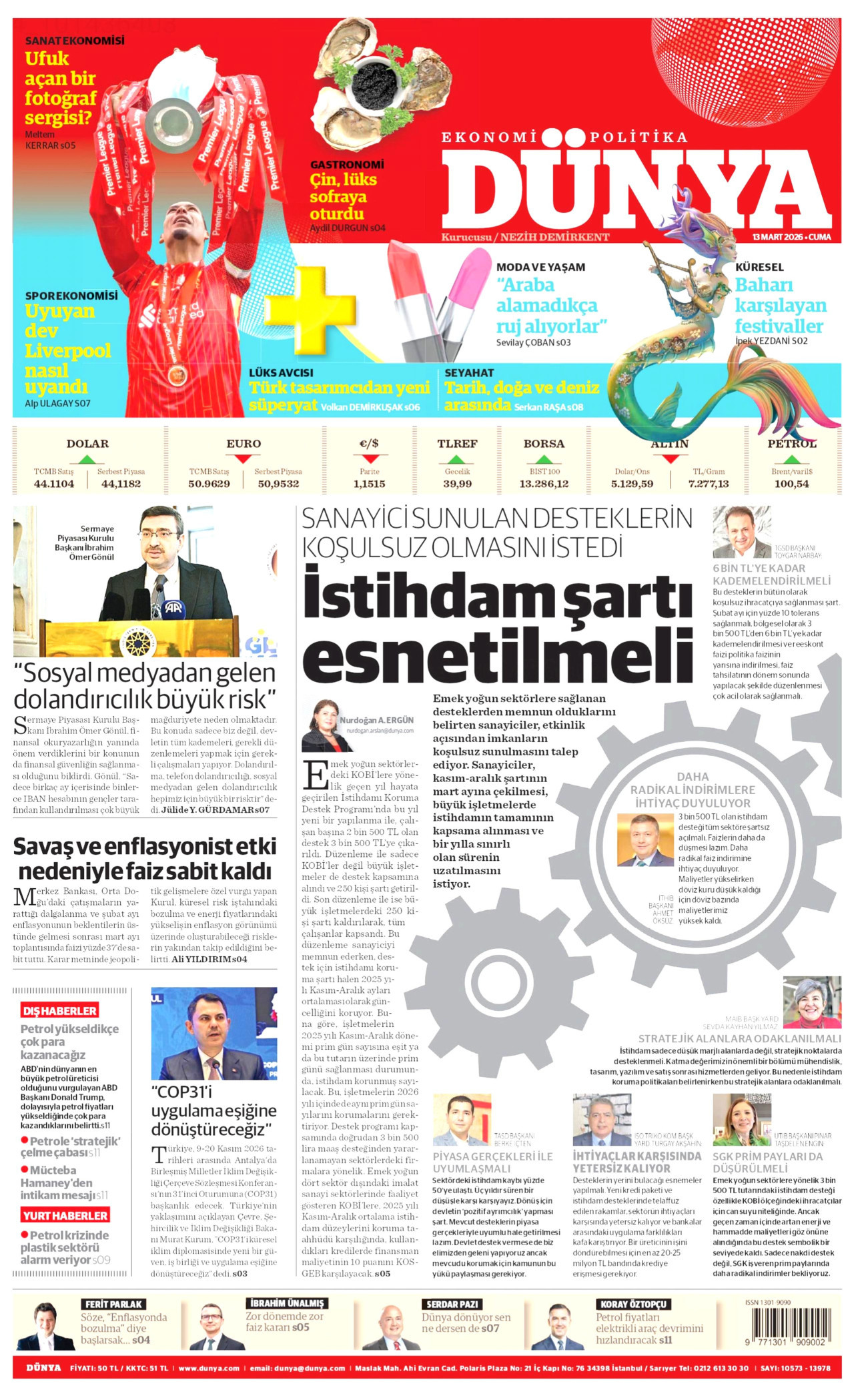 DÜNYA gazetesinin 13 Mart 2026 tarihli birinci sayfası