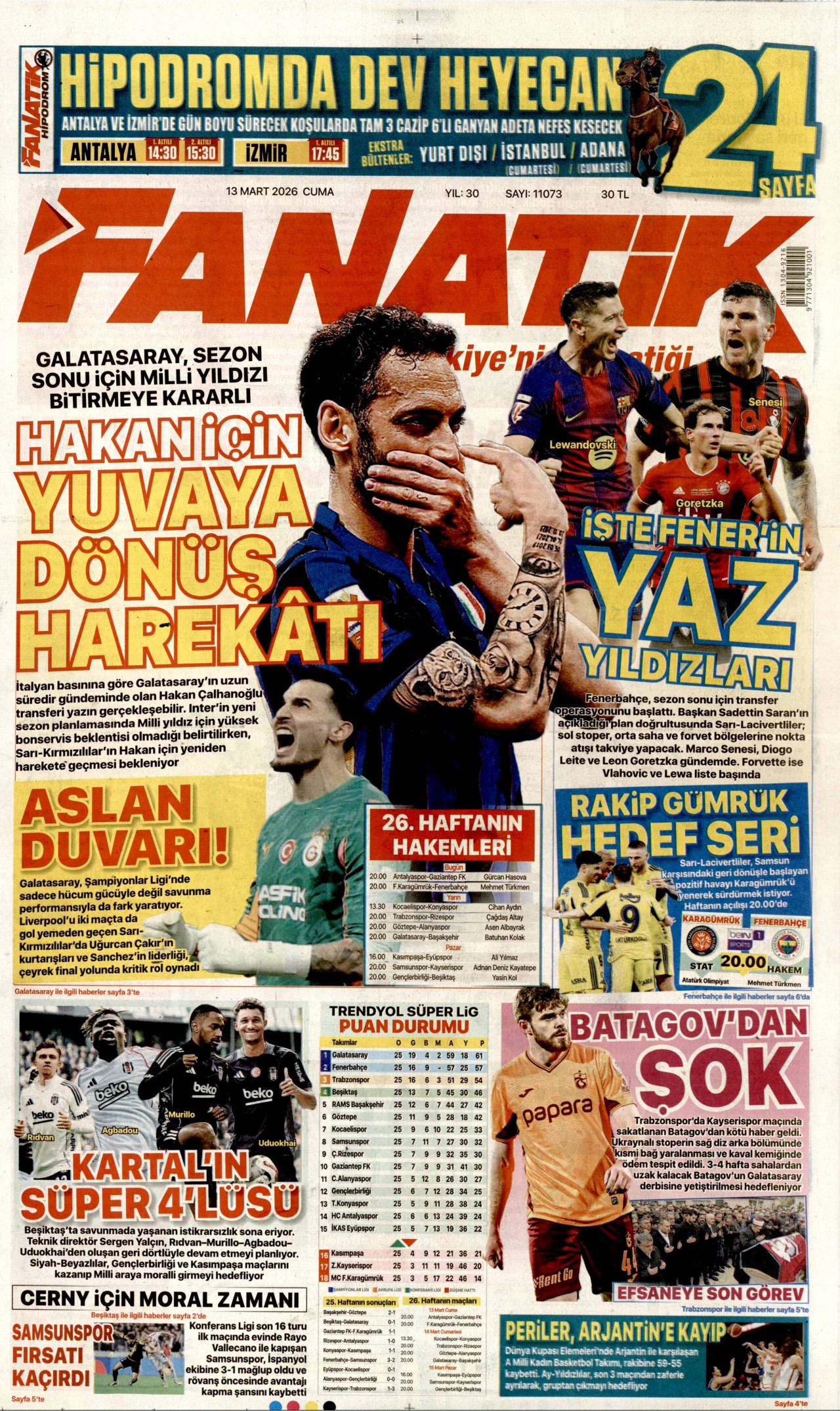FANATİK gazetesinin 13 Mart 2026 tarihli birinci sayfası