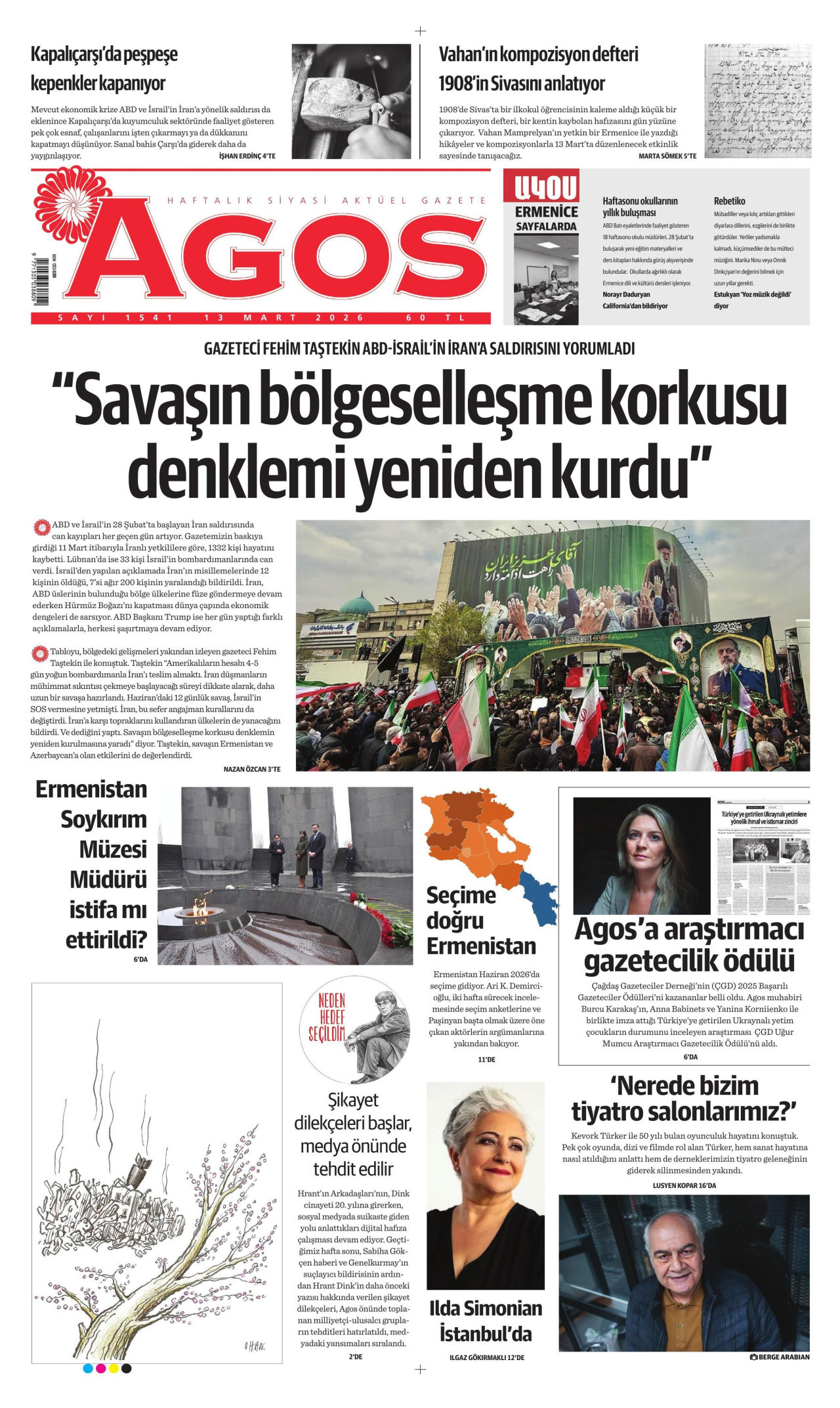 AGOS gazetesinin 13 Mart 2026 tarihli birinci sayfası