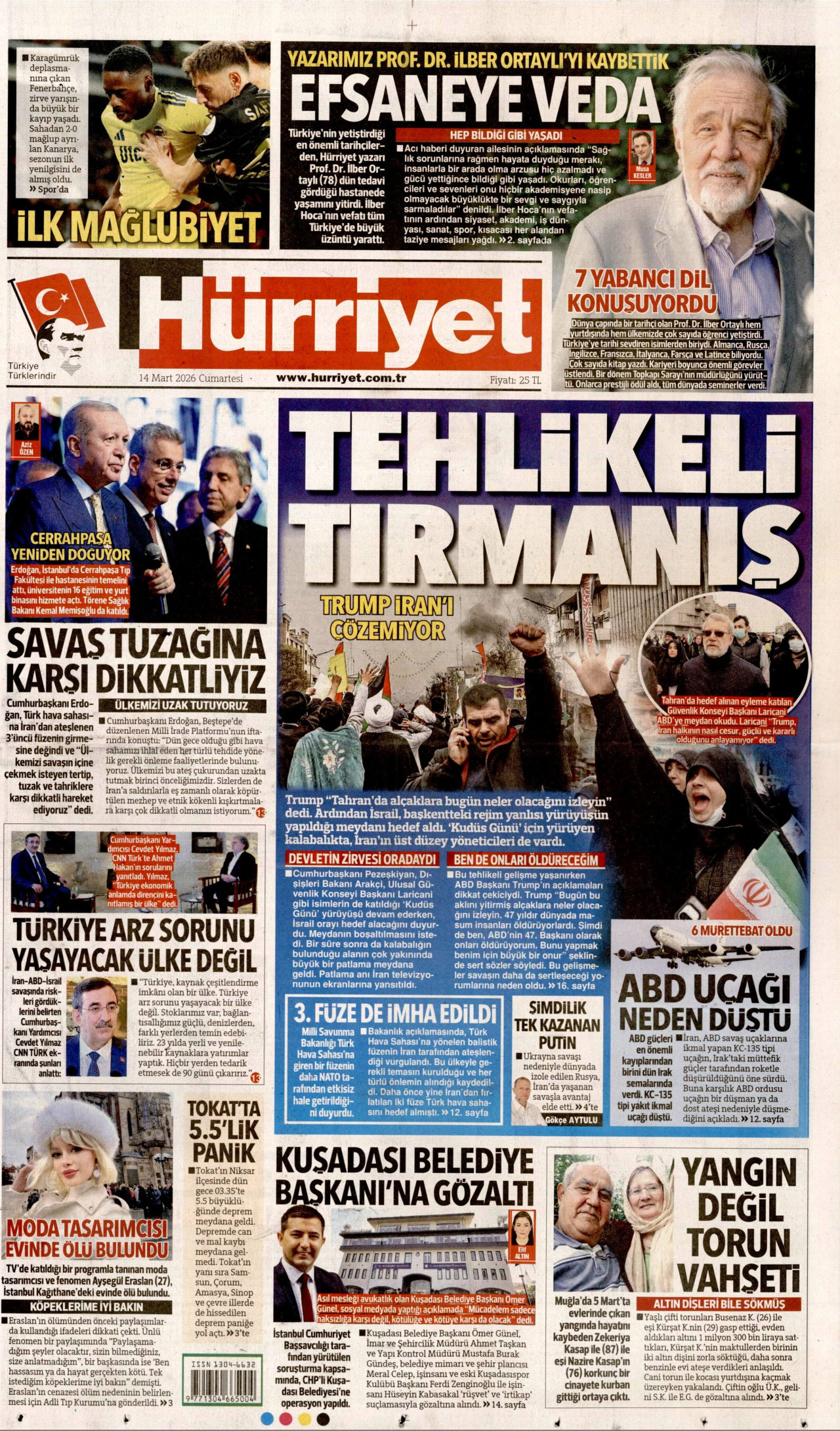 HÜRRİYET gazetesinin 14 Mart 2026 tarihli birinci sayfası