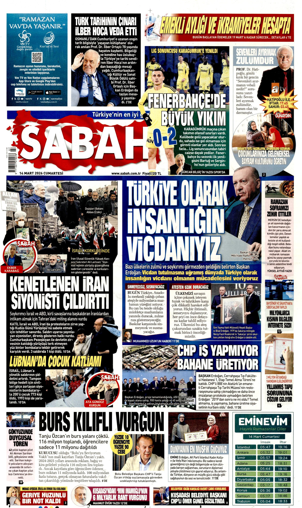 SABAH gazetesinin 14 Mart 2026 tarihli birinci sayfası