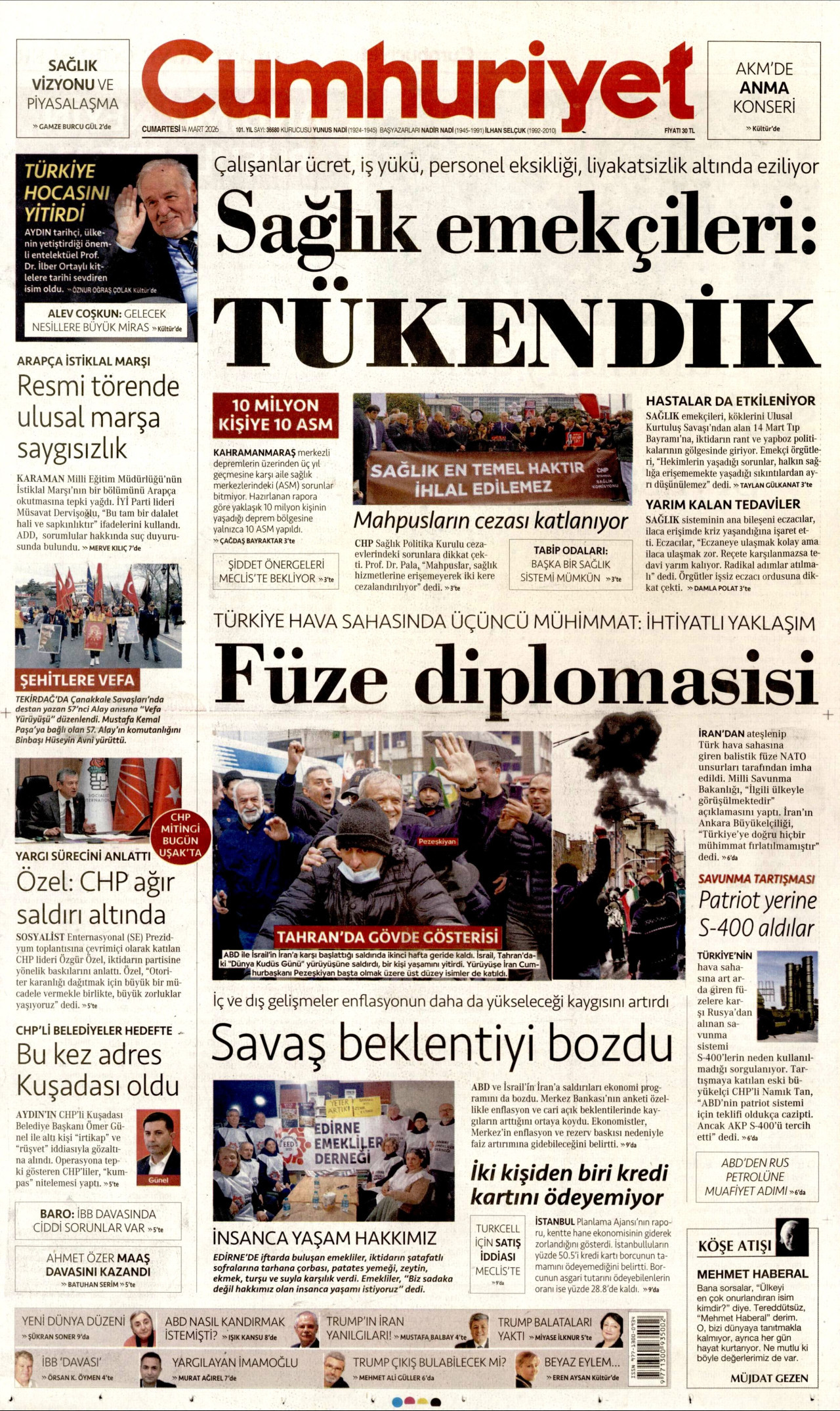 CUMHURİYET gazetesinin 14 Mart 2026 tarihli birinci sayfası