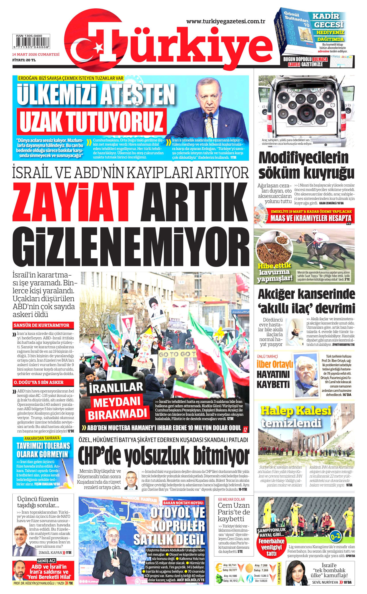 TÜRKİYE GAZETESİ gazetesinin 14 Mart 2026 tarihli birinci sayfası