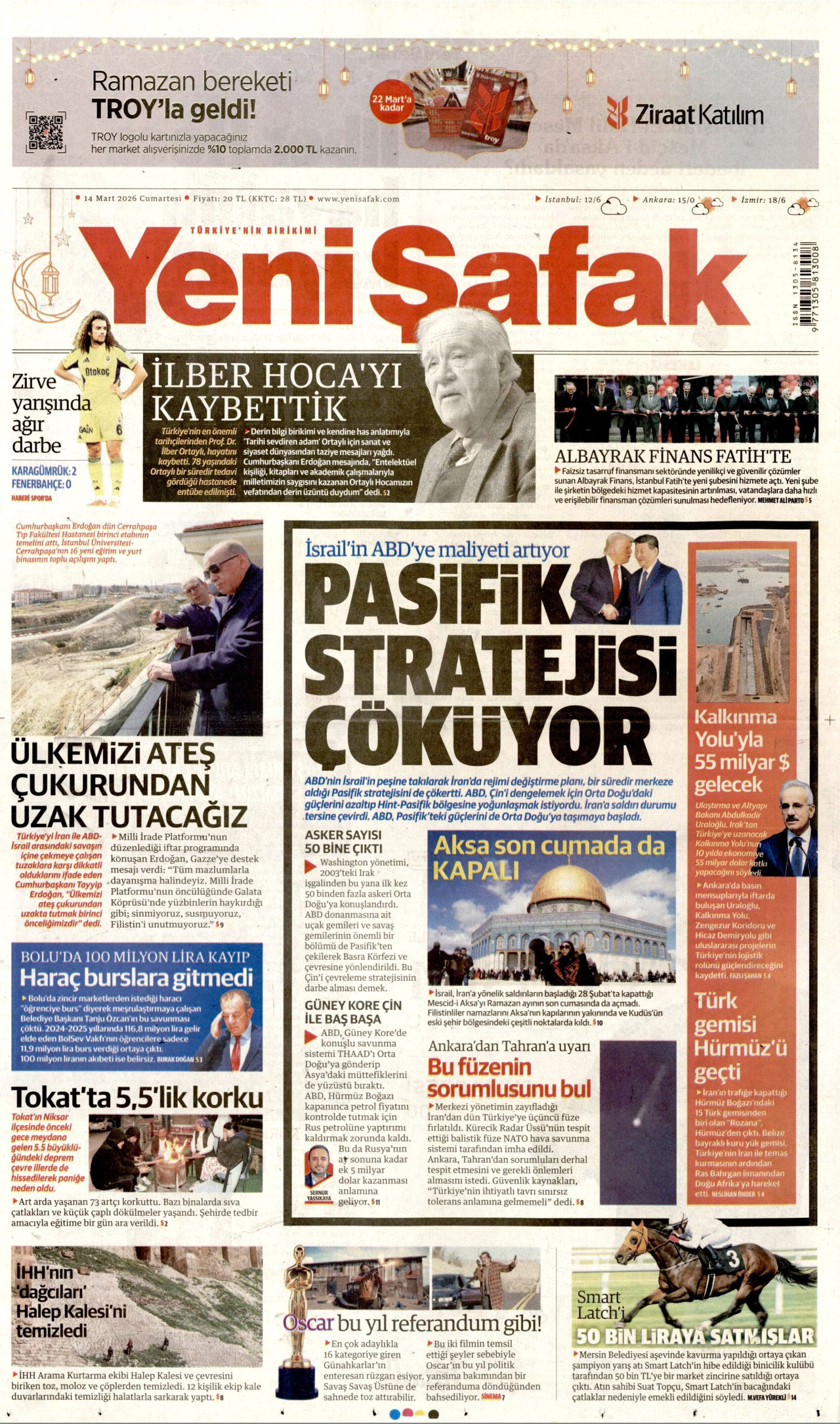 YENİ ŞAFAK gazetesinin 14 Mart 2026 tarihli birinci sayfası
