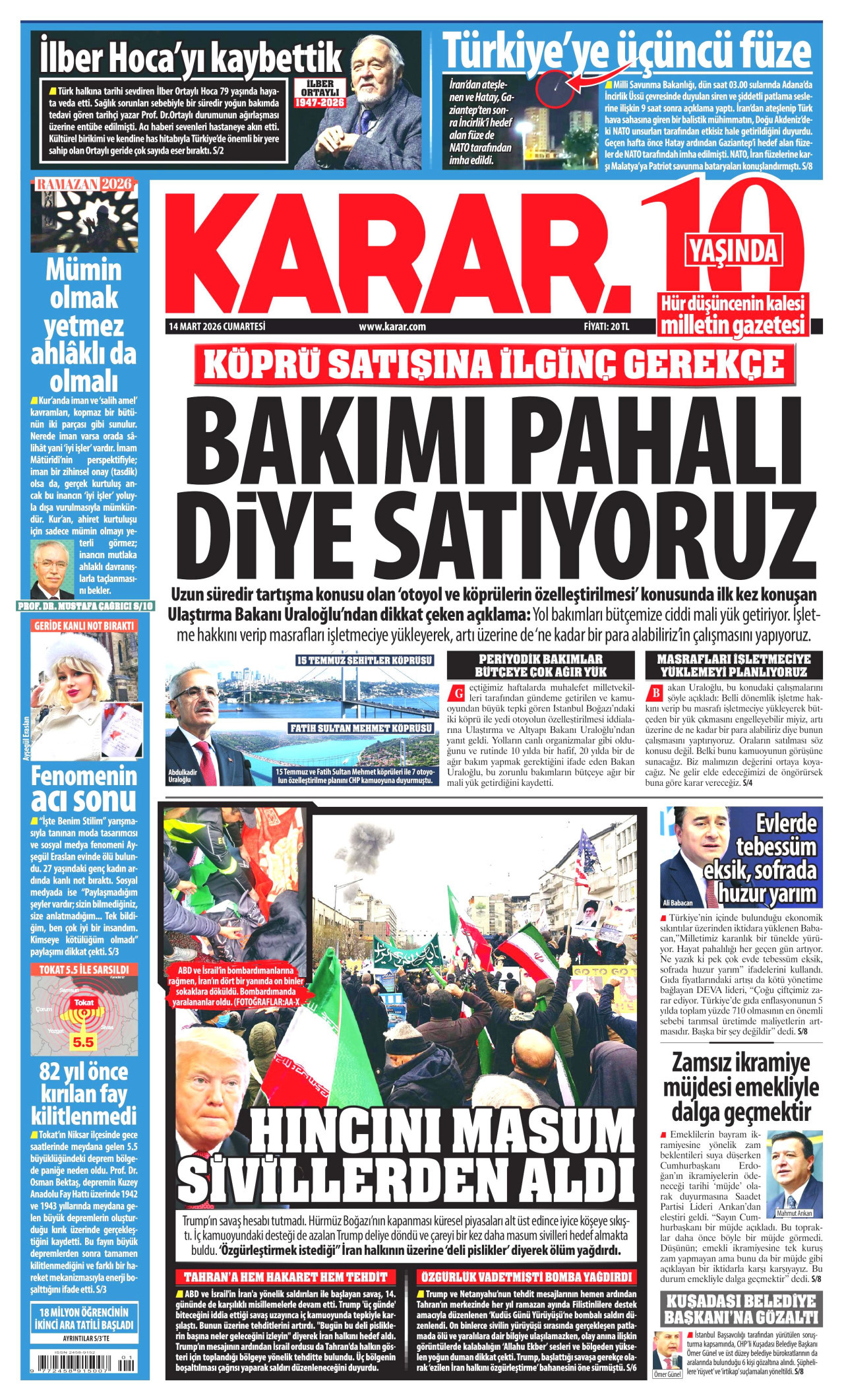 KARAR gazetesinin 14 Mart 2026 tarihli birinci sayfası