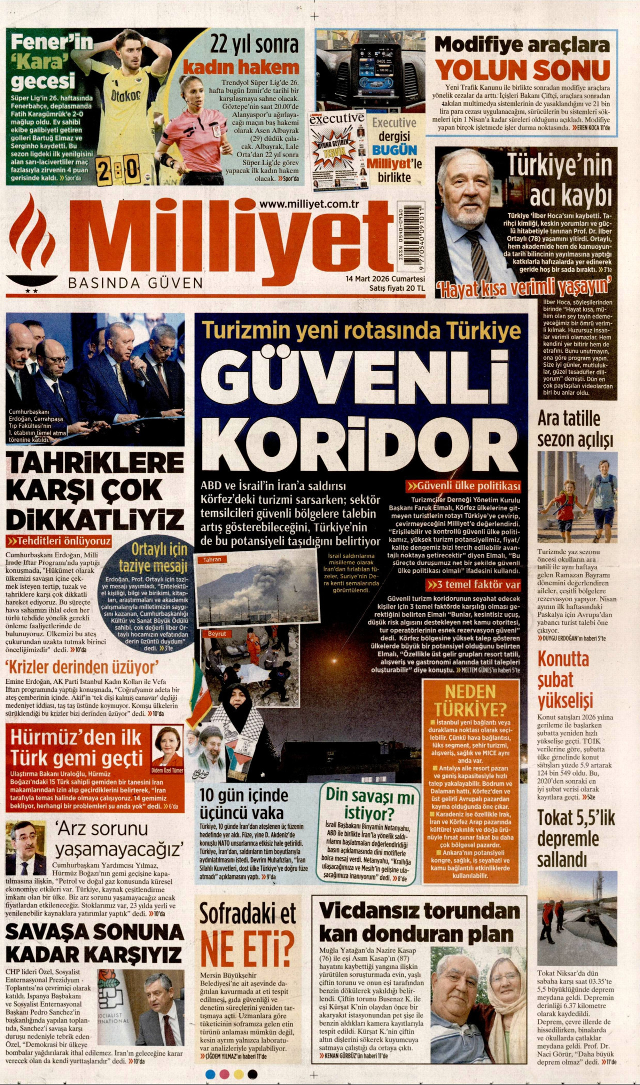 MİLLİYET gazetesinin 14 Mart 2026 tarihli birinci sayfası