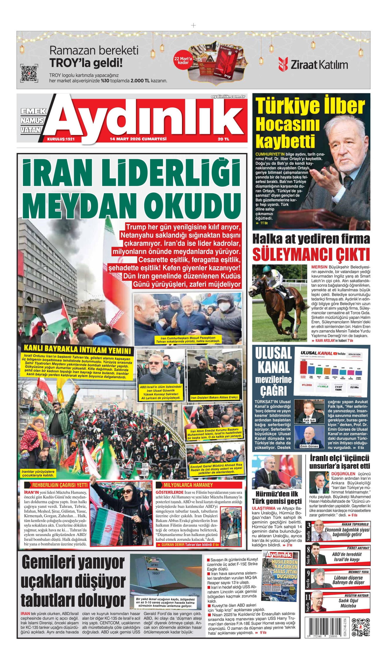 AYDINLIK GAZETESİ gazetesinin 14 Mart 2026 tarihli birinci sayfası