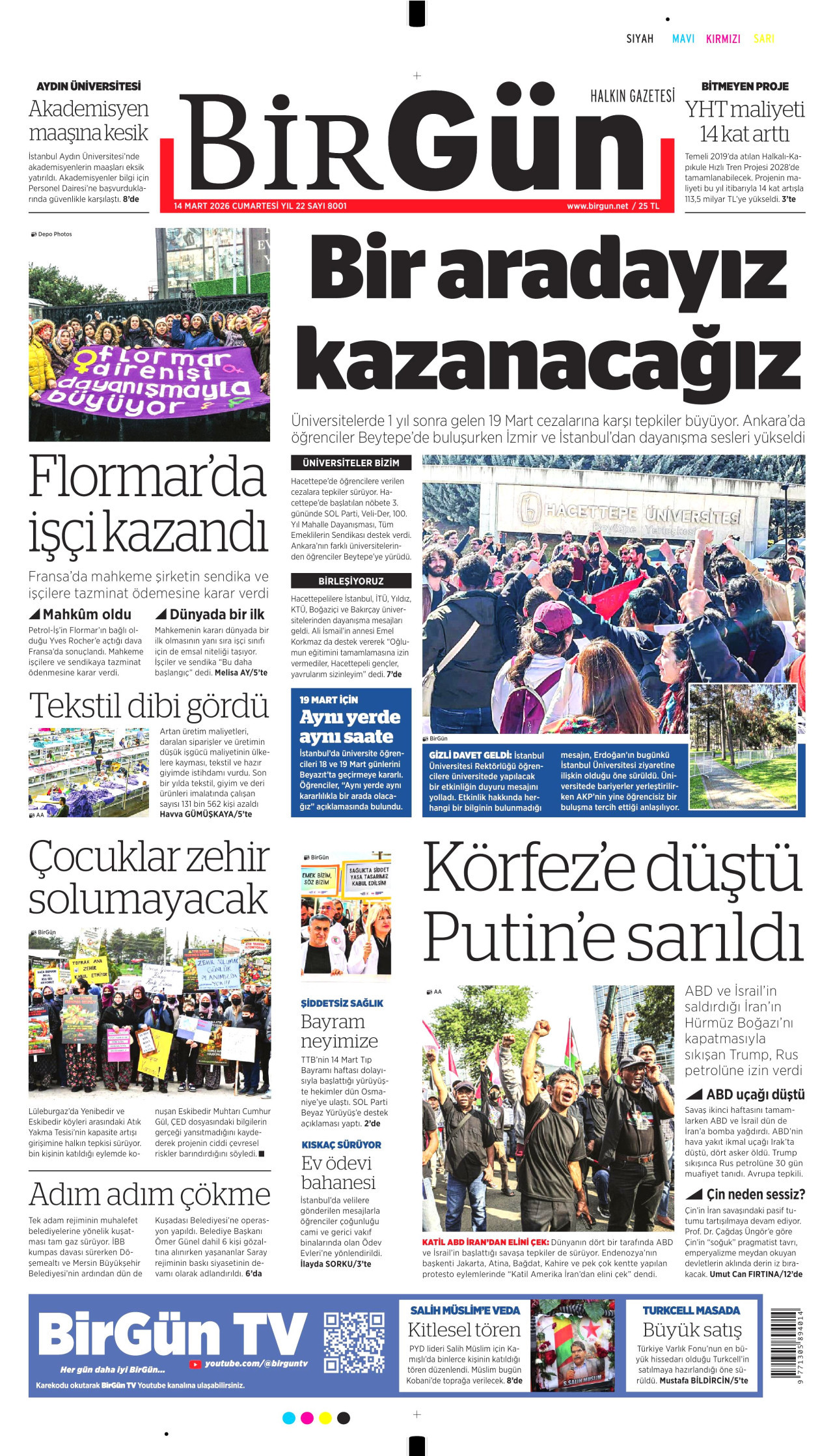 BİRGÜN gazetesinin 14 Mart 2026 tarihli birinci sayfası