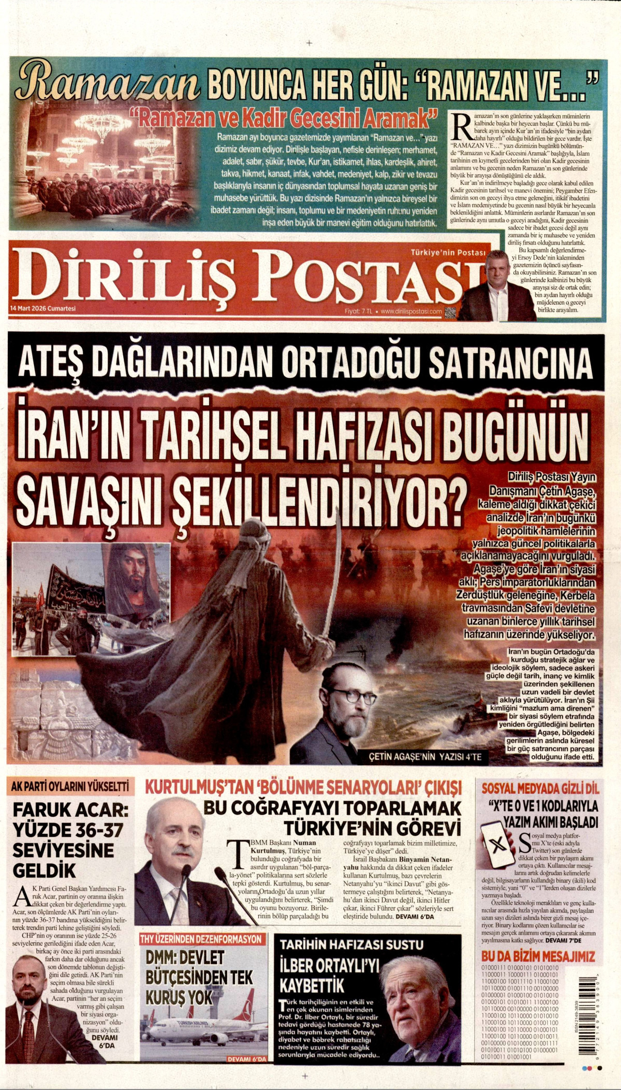 DİRİLİŞ POSTASI gazetesinin 14 Mart 2026 tarihli birinci sayfası